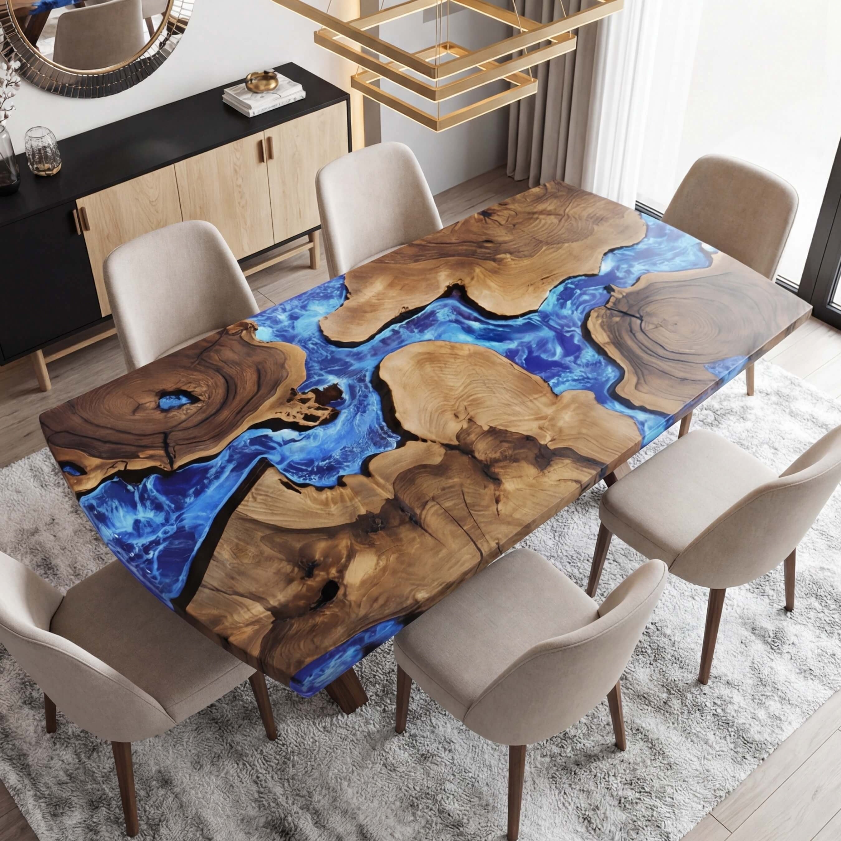 Custom Black Walnut Epoxy Resin River Table Blue Waves ART-28 - image 2 | ThawHome