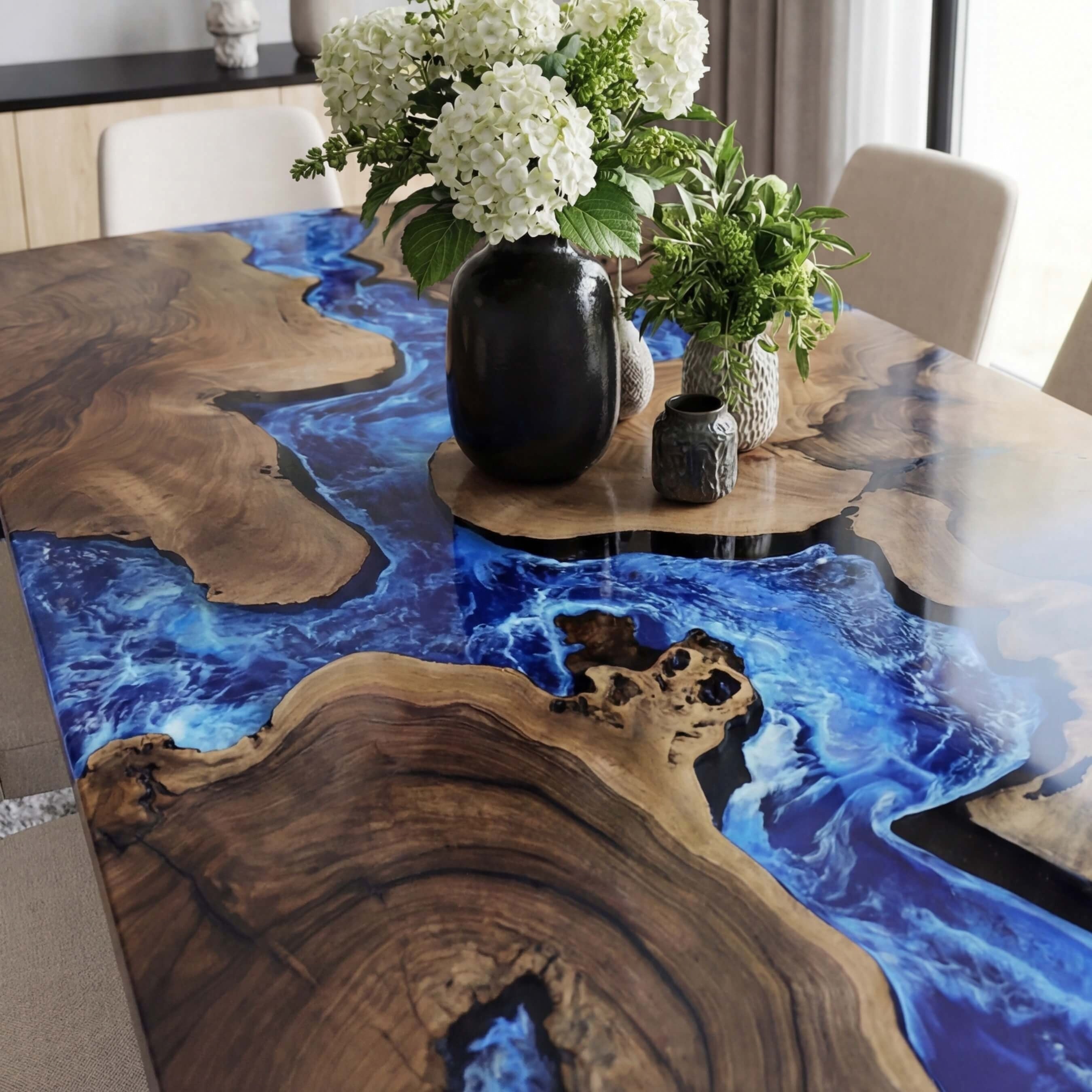 Custom Black Walnut Epoxy Resin River Table Blue Waves ART-28 - image 4 | ThawHome
