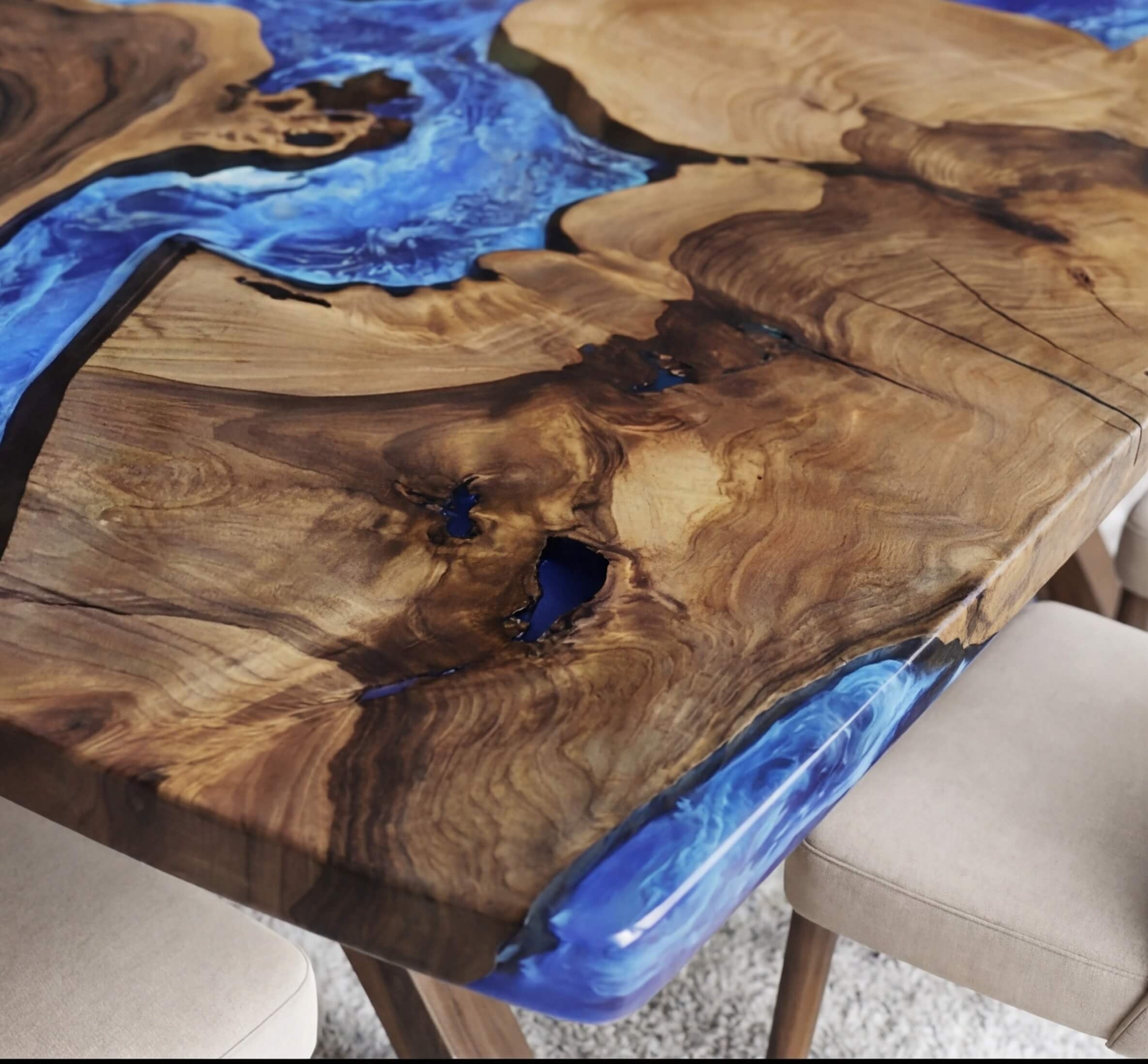 Custom Black Walnut Epoxy Resin River Table Blue Waves ART-28 - image 5 | ThawHome
