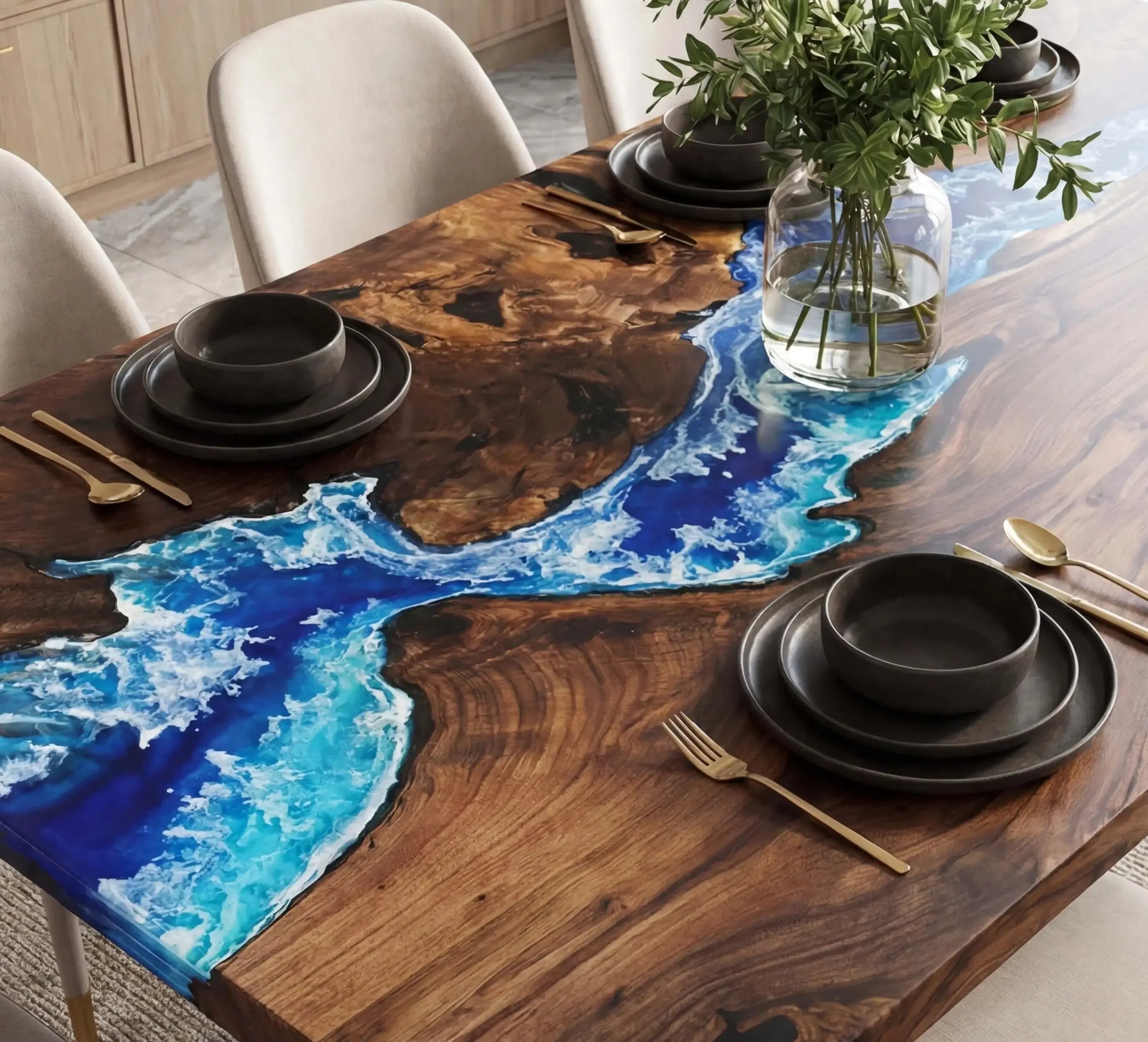 Custom Black Walnut Epoxy Resin River Table Blue Waves ERD-38 - image 4 | ThawHome