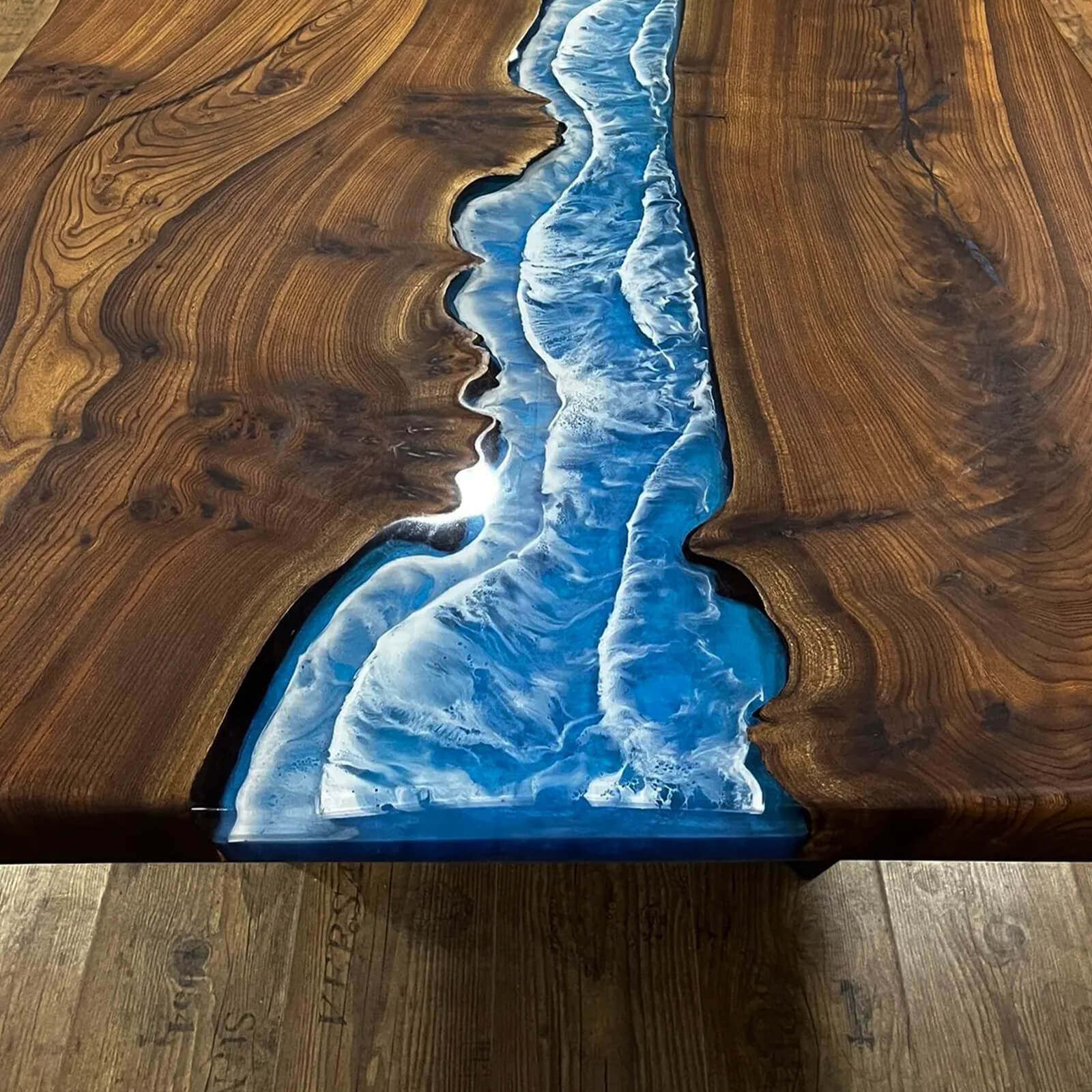 Custom Black Walnut Epoxy Resin River Table Blue Waves ERD-64 - image 7 | ThawHome