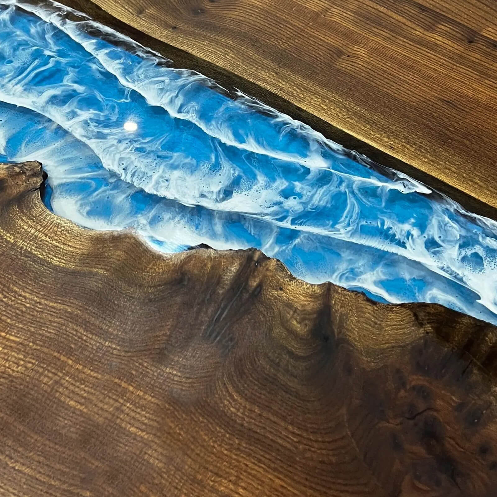 Custom Black Walnut Epoxy Resin River Table Blue Waves ERD-64 - image 6 | ThawHome