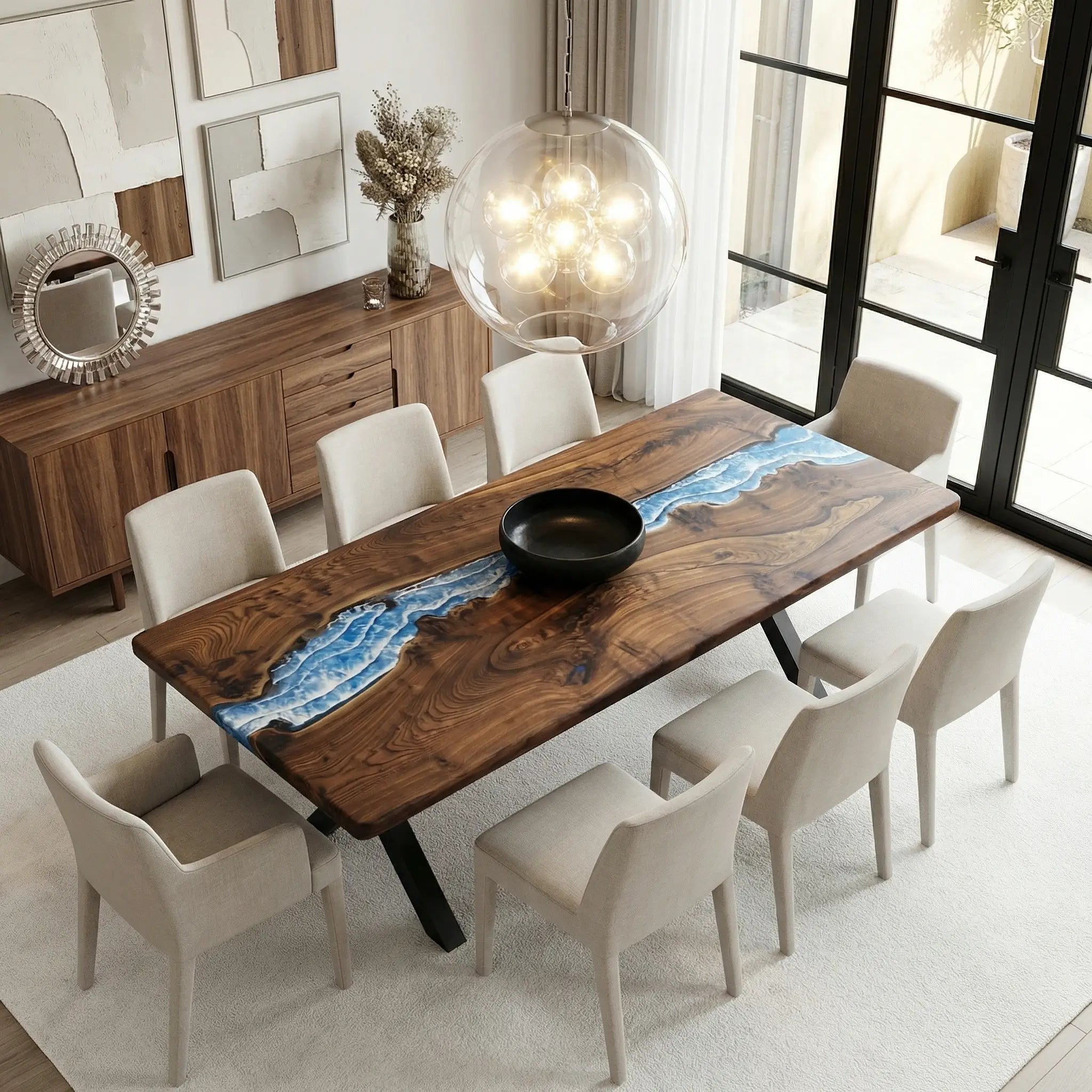 Custom Black Walnut Epoxy Resin River Table Blue Waves ERD-64 - image 1 | ThawHome