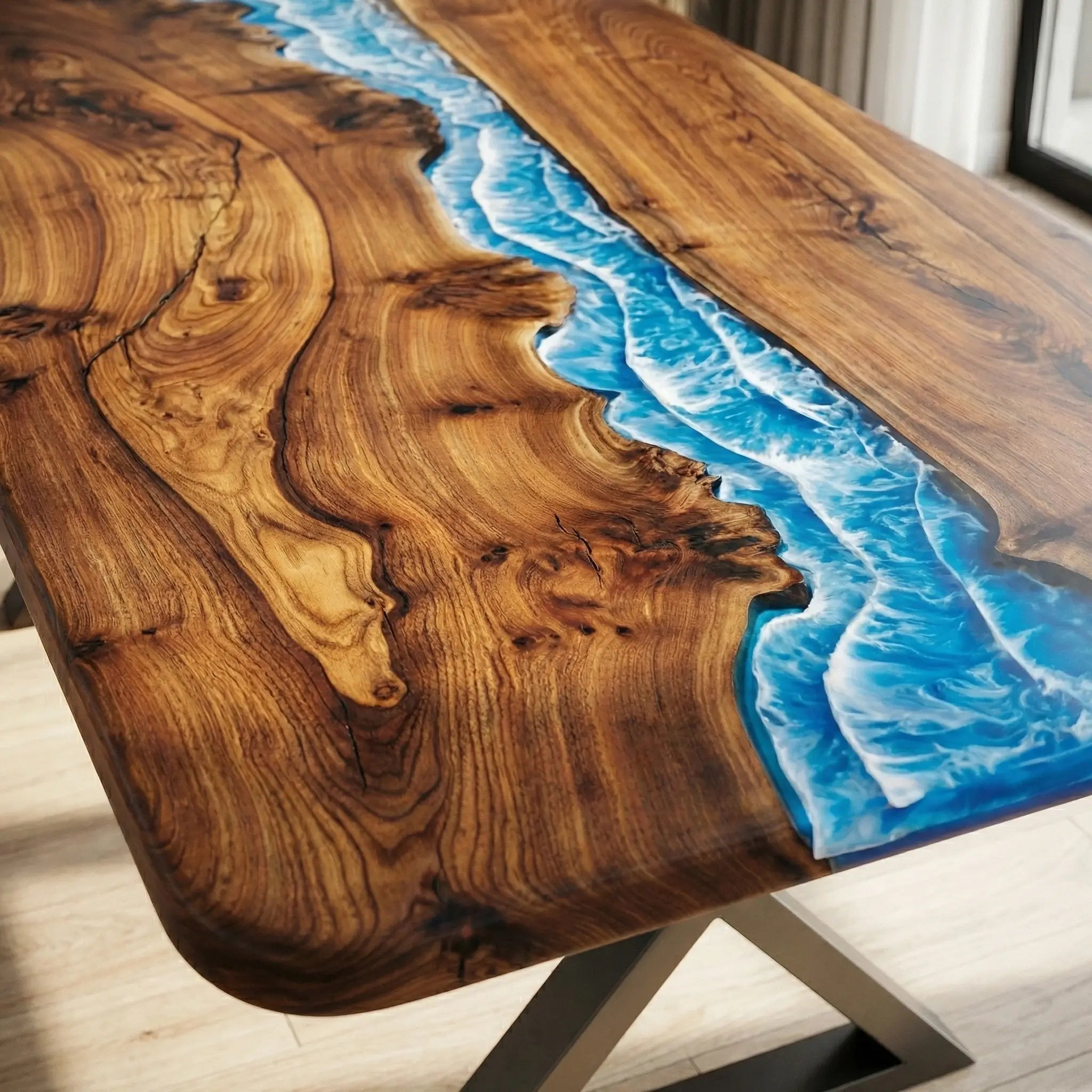 Custom Black Walnut Epoxy Resin River Table Blue Waves ERD-64 - image 4 | ThawHome