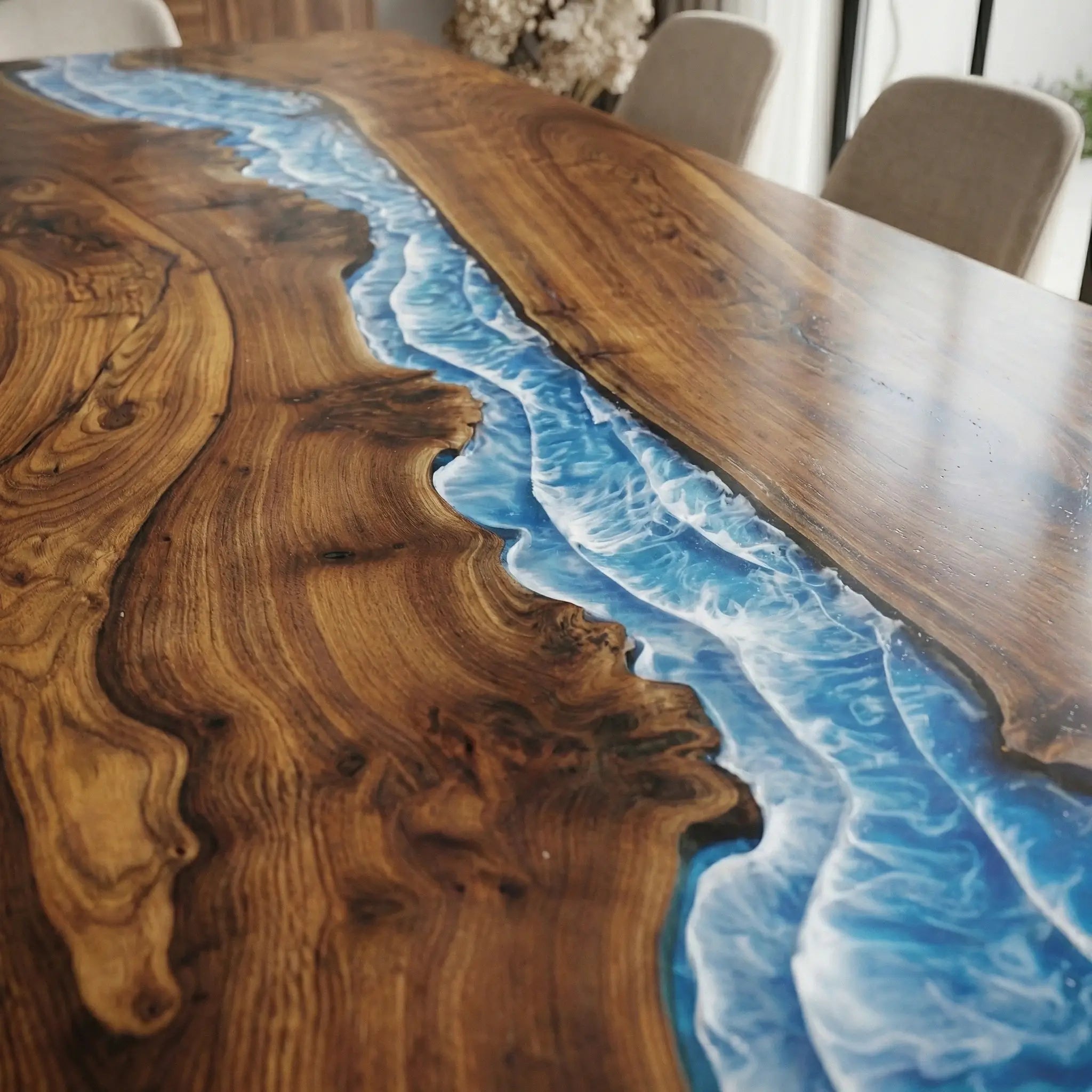 Custom Black Walnut Epoxy Resin River Table Blue Waves ERD-64 - image 5 | ThawHome