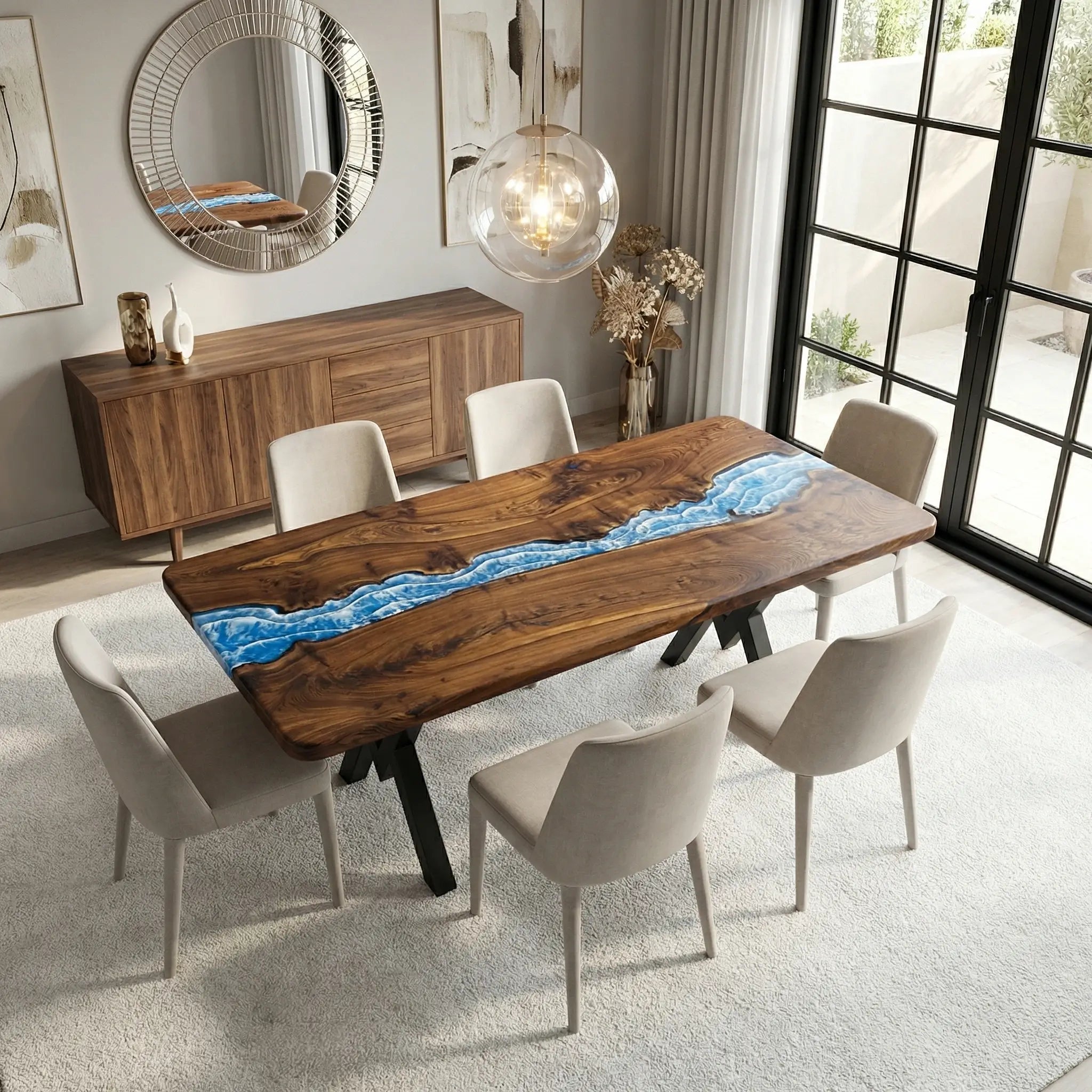 Custom Black Walnut Epoxy Resin River Table Blue Waves ERD-64 - image 2 | ThawHome