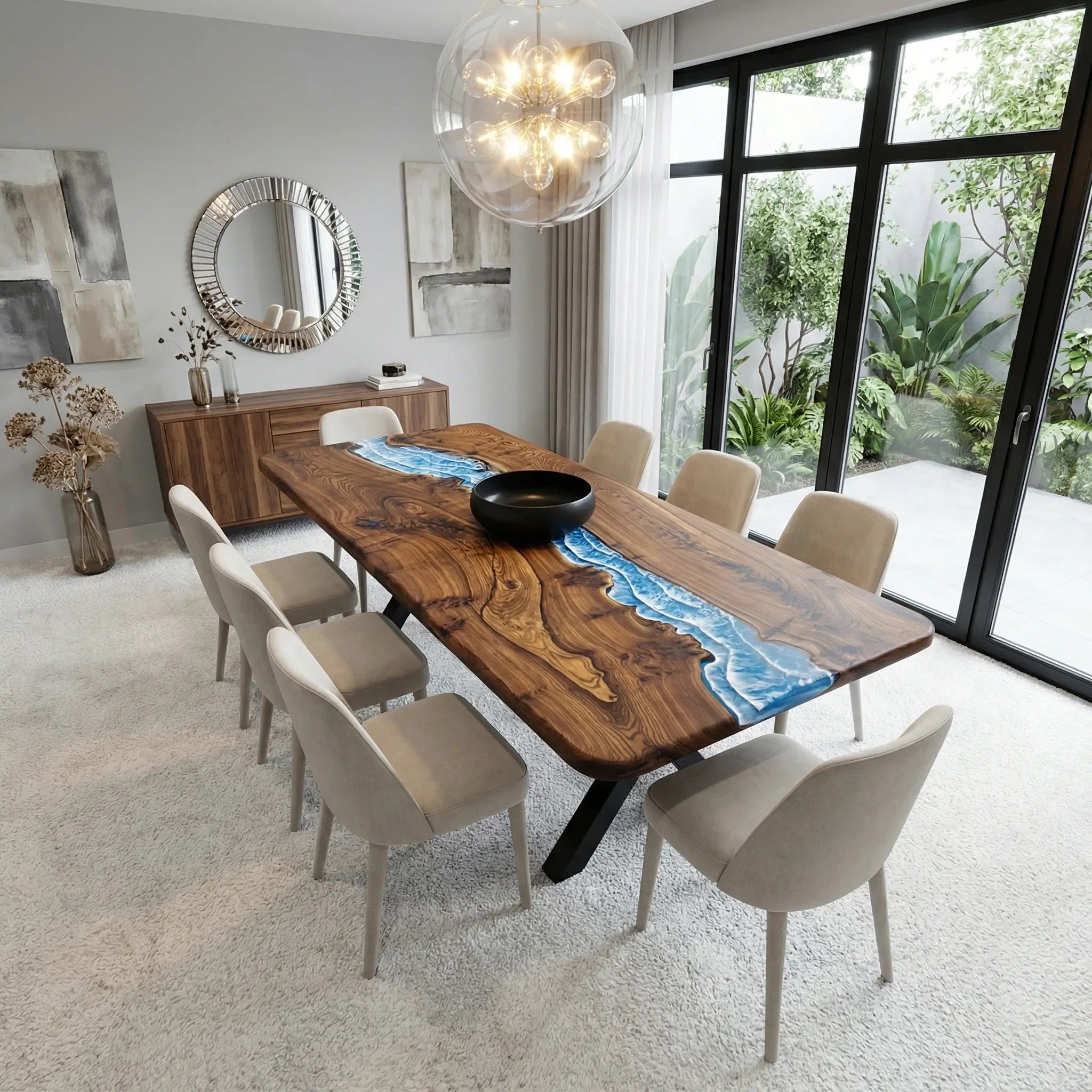 Custom Black Walnut Epoxy Resin River Table Blue Waves ERD-64 - image 3 | ThawHome