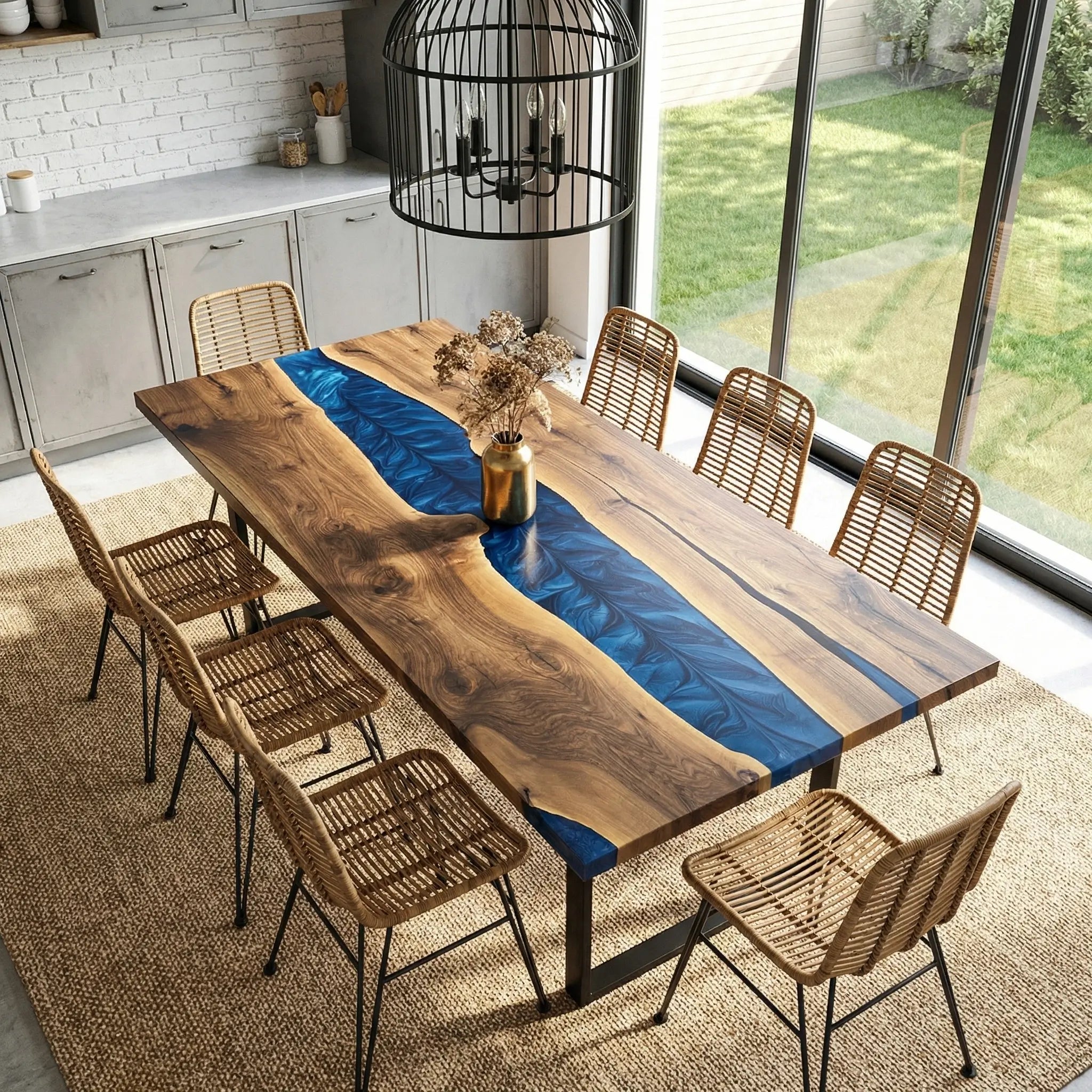 Custom Black Walnut Epoxy Resin River Table Blue Waves ORT-29 - image 1 | ThawHome