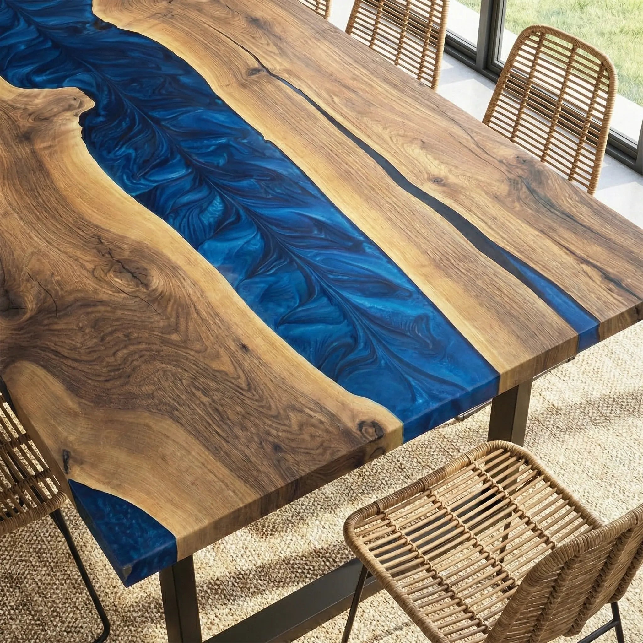 Custom Black Walnut Epoxy Resin River Table Blue Waves ORT-29 - image 4 | ThawHome