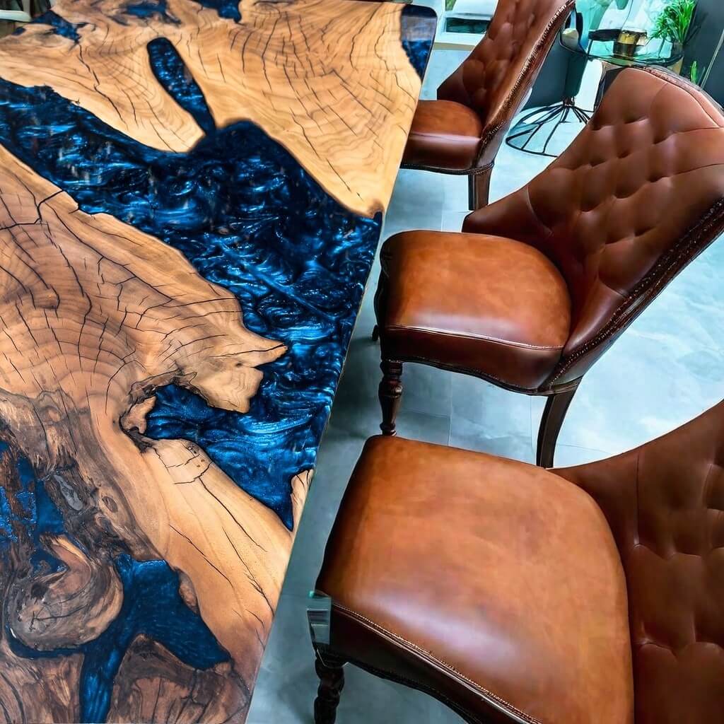 Custom Black Walnut Epoxy Resin River Table Blue Waves ORT-45 - image 8 | ThawHome