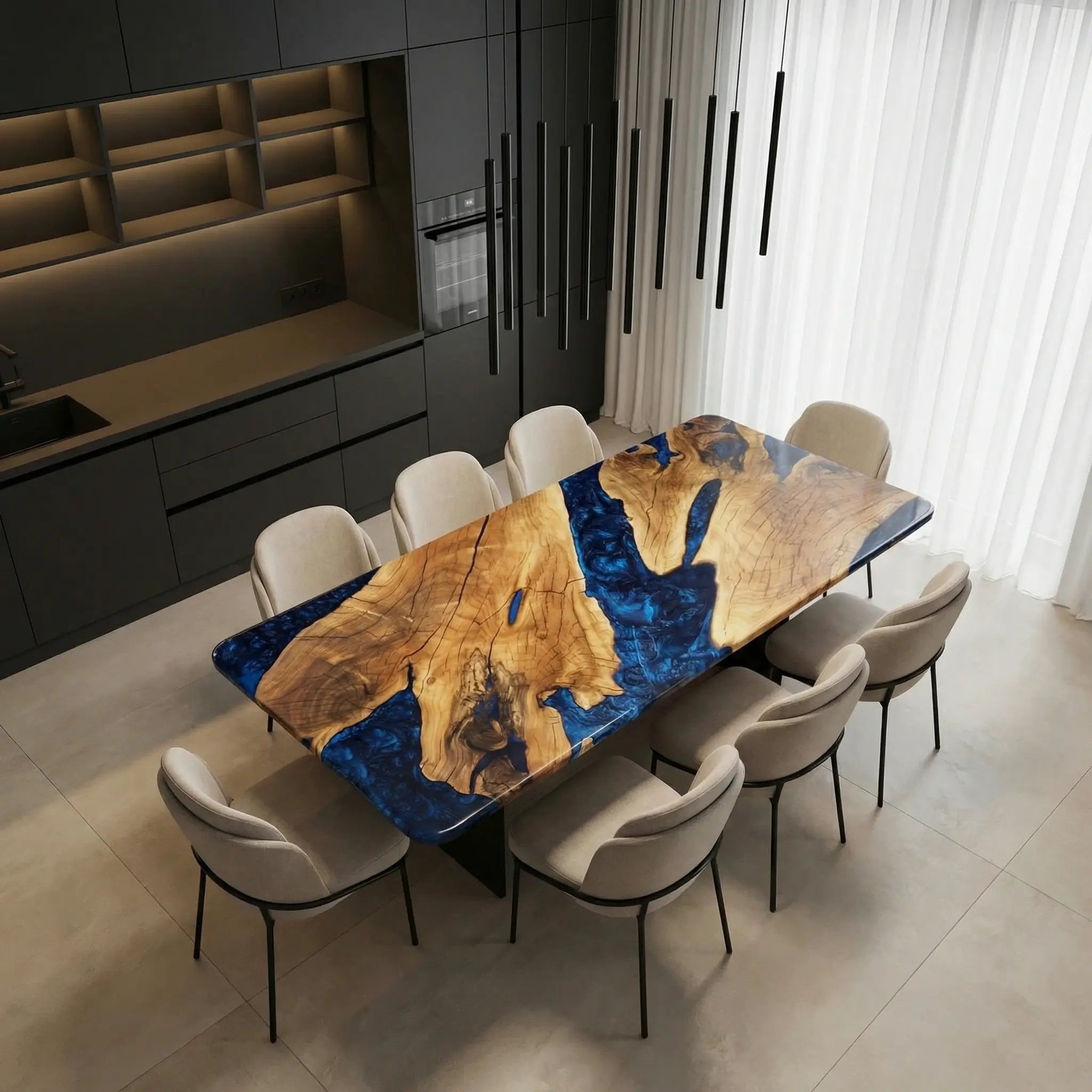 Custom Black Walnut Epoxy Resin River Table Blue Waves ORT-45 - image 2 | ThawHome