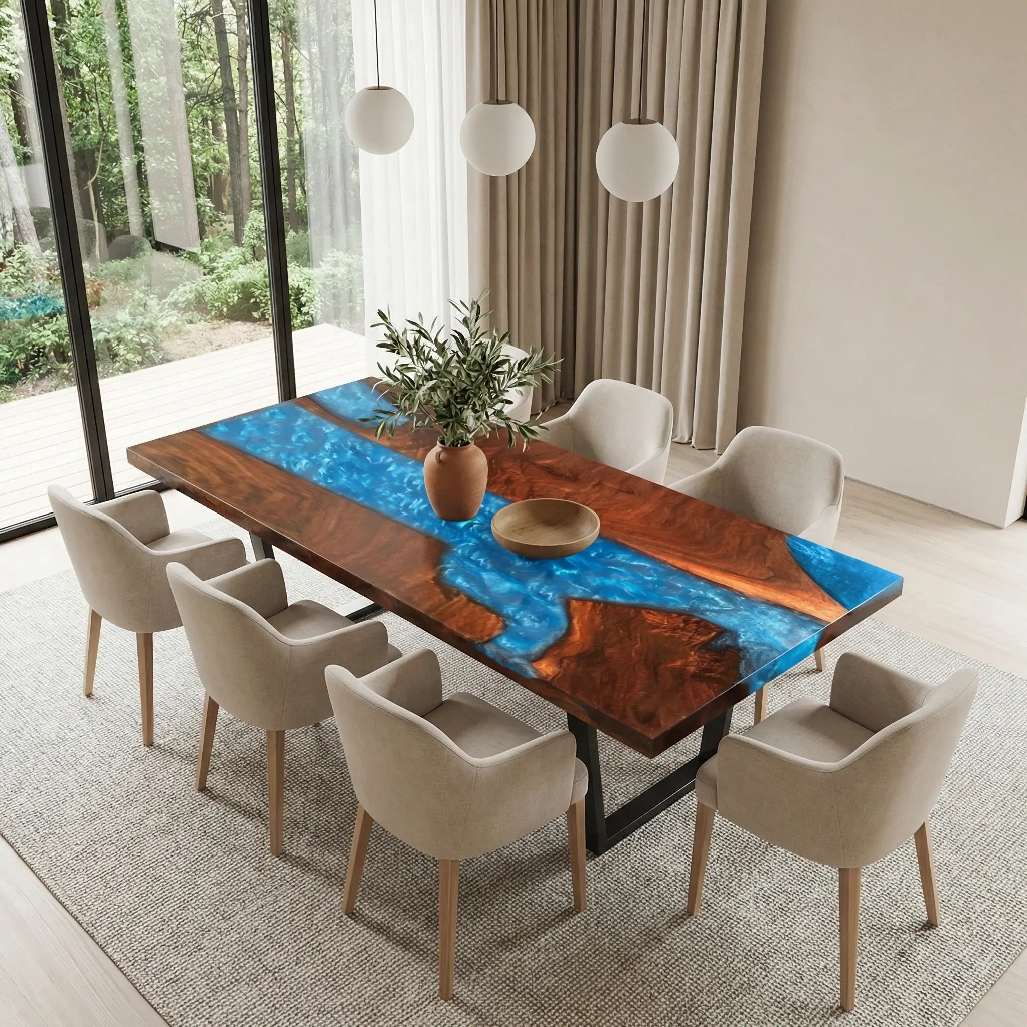 Custom Black Walnut Epoxy Resin River Table Blue Waves ZRT-57 - image 3 | ThawHome