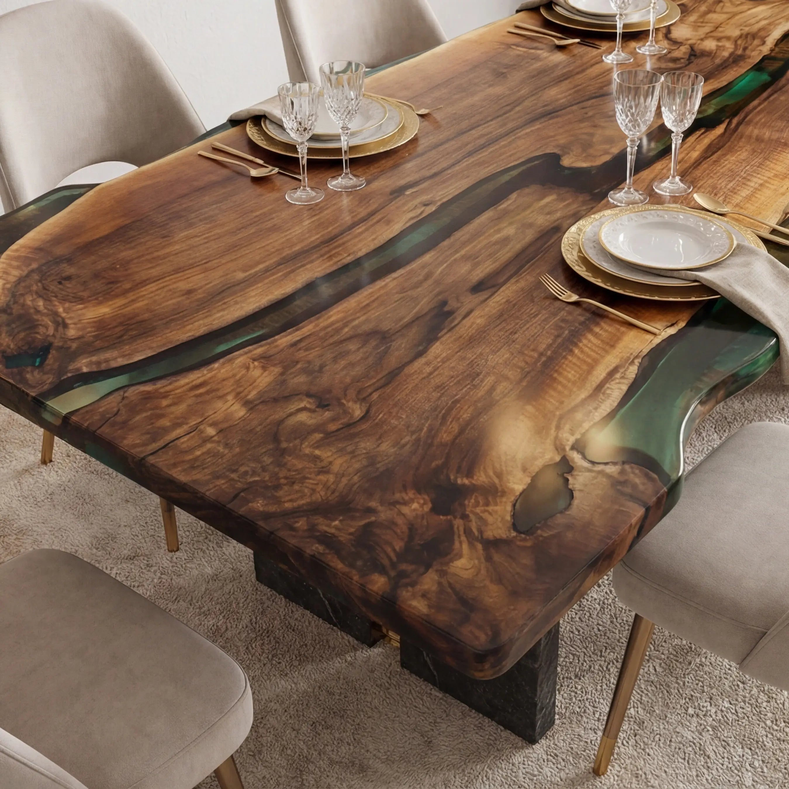 Custom Black Walnut Epoxy Resin River Table Gold Green WRT-75 - image 4 | ThawHome