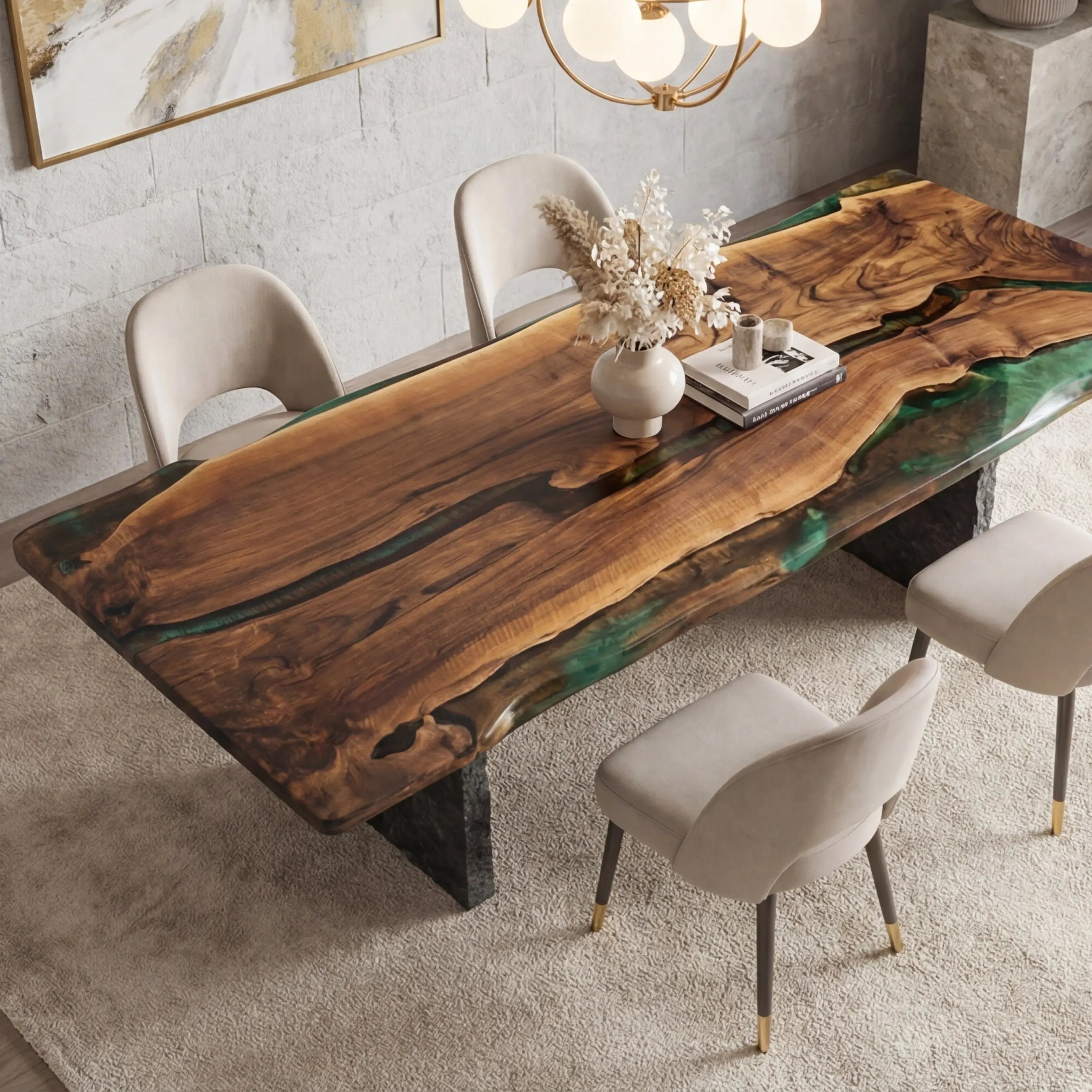 Custom Black Walnut Epoxy Resin River Table Gold Green WRT-75 - image 3 | ThawHome