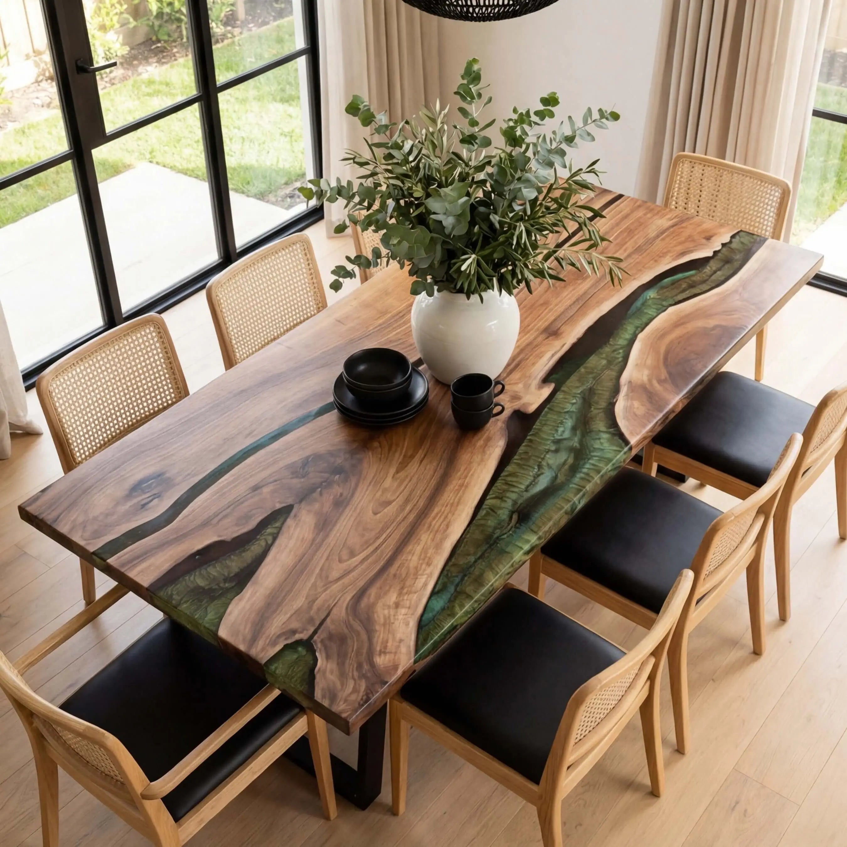 Custom Black Walnut Epoxy Resin River Table Green CR-67 - image 1 | ThawHome
