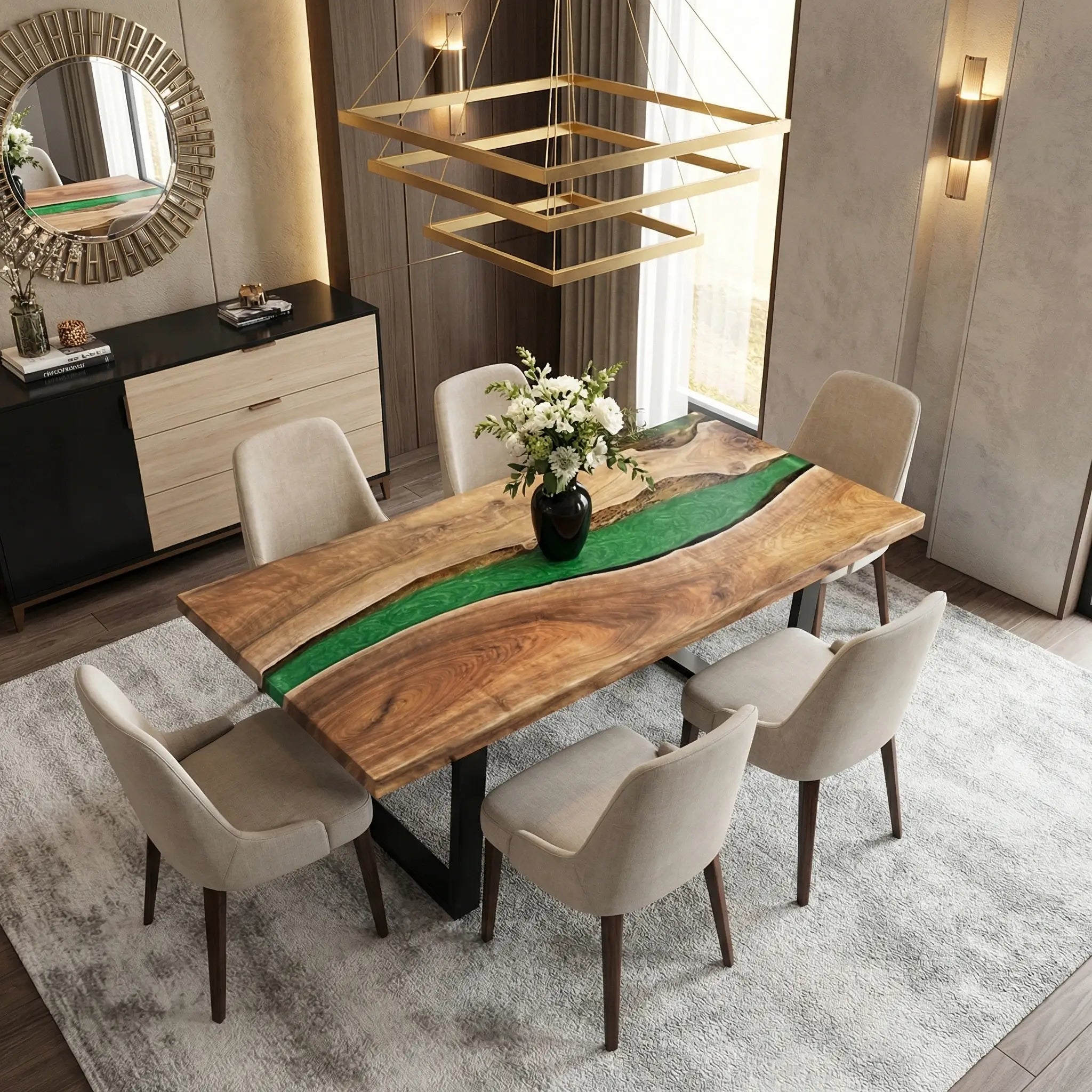 Custom Black Walnut Epoxy Resin River Table Green Pearl QRT-57 - image 3 | ThawHome