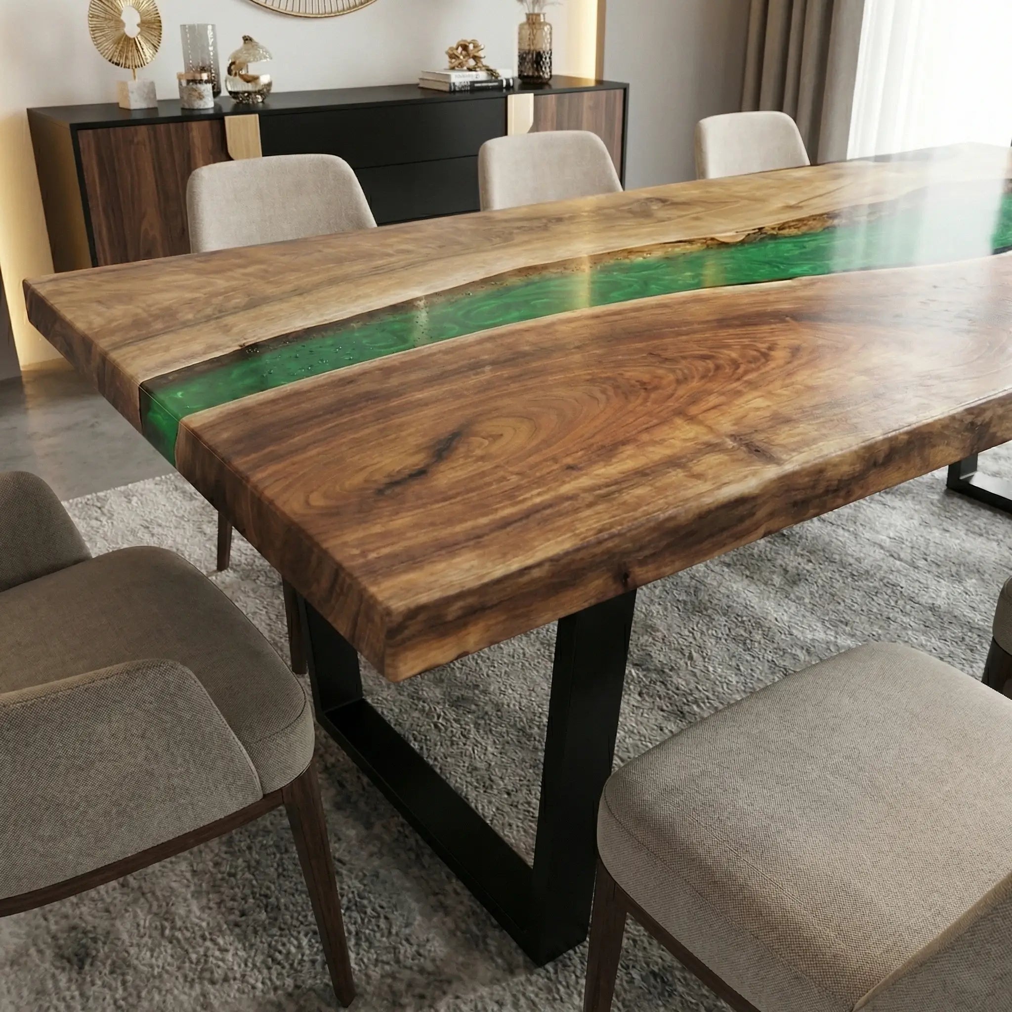 Custom Black Walnut Epoxy Resin River Table Green Pearl QRT-57 - image 5 | ThawHome