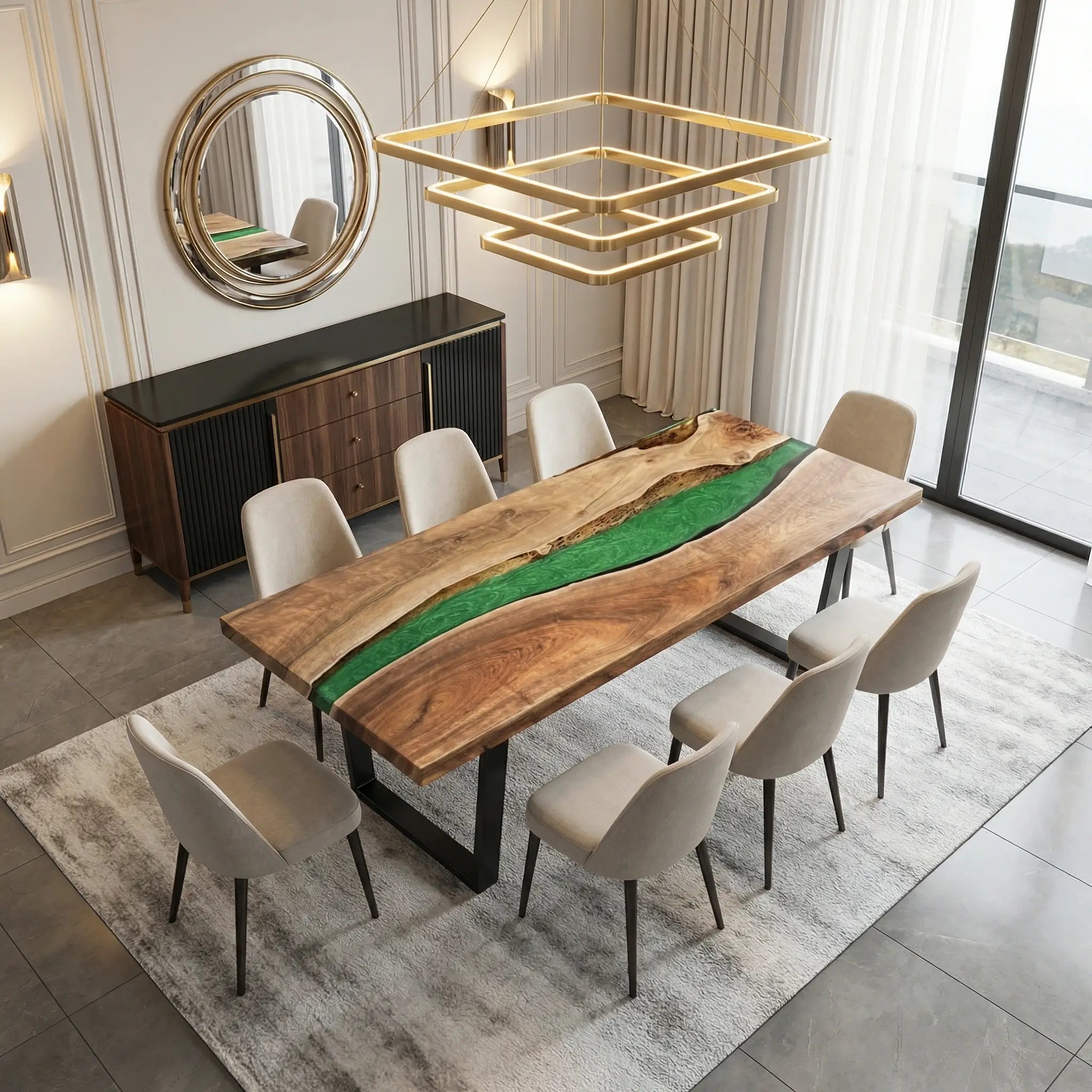 Custom Black Walnut Epoxy Resin River Table Green Pearl QRT-57 - image 2 | ThawHome