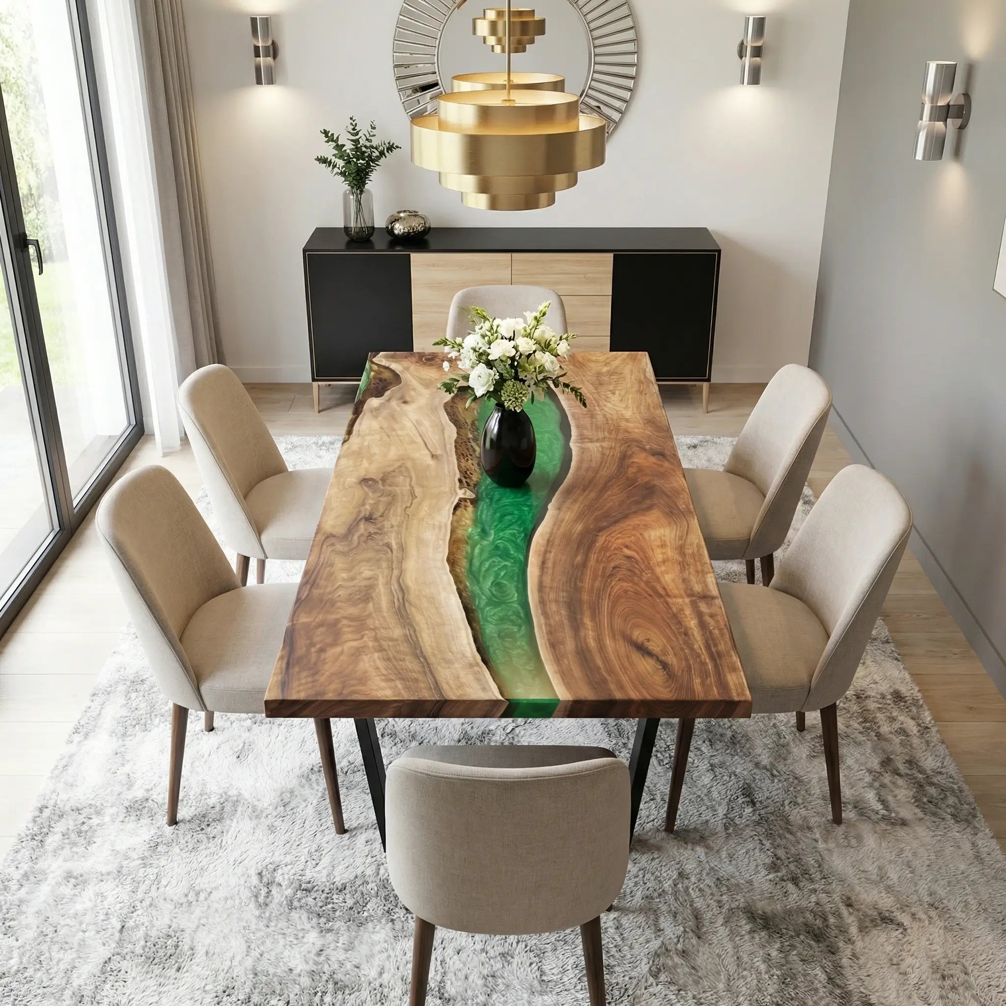 Custom Black Walnut Epoxy Resin River Table Green Pearl QRT-57 - image 4 | ThawHome