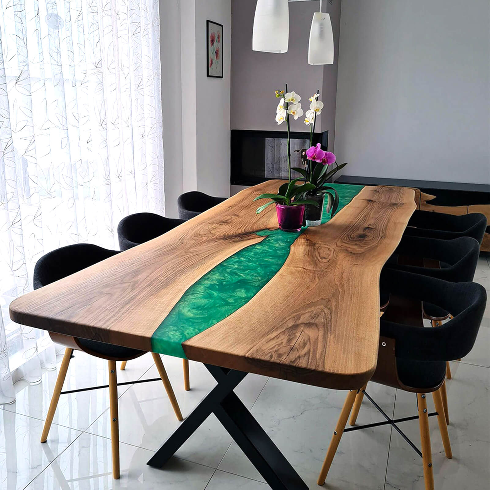 Custom Black Walnut Epoxy Resin River Table Green Pearl XRT-85 - image 1 | ThawHome