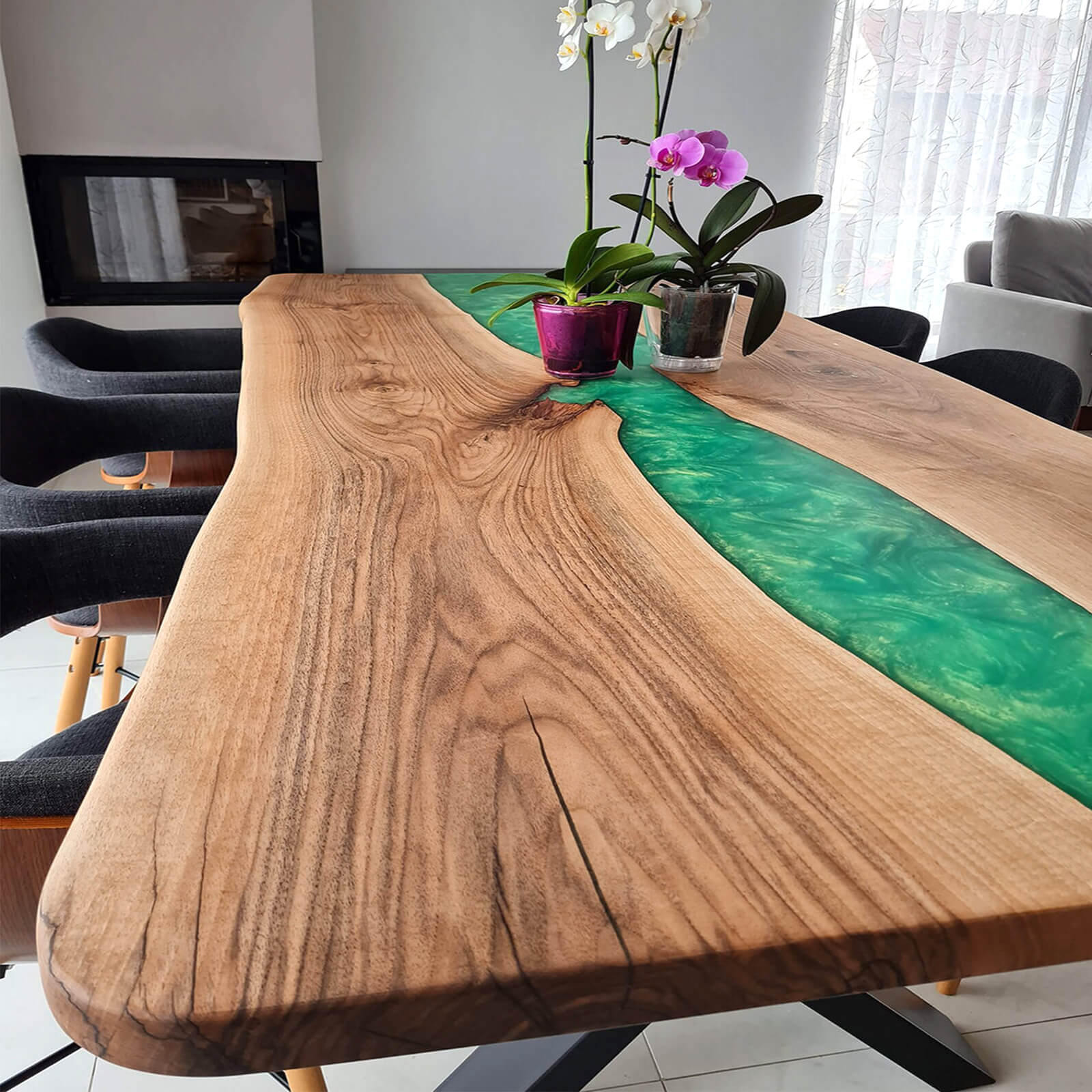 Custom Black Walnut Epoxy Resin River Table Green Pearl XRT-85 - image 2 | ThawHome