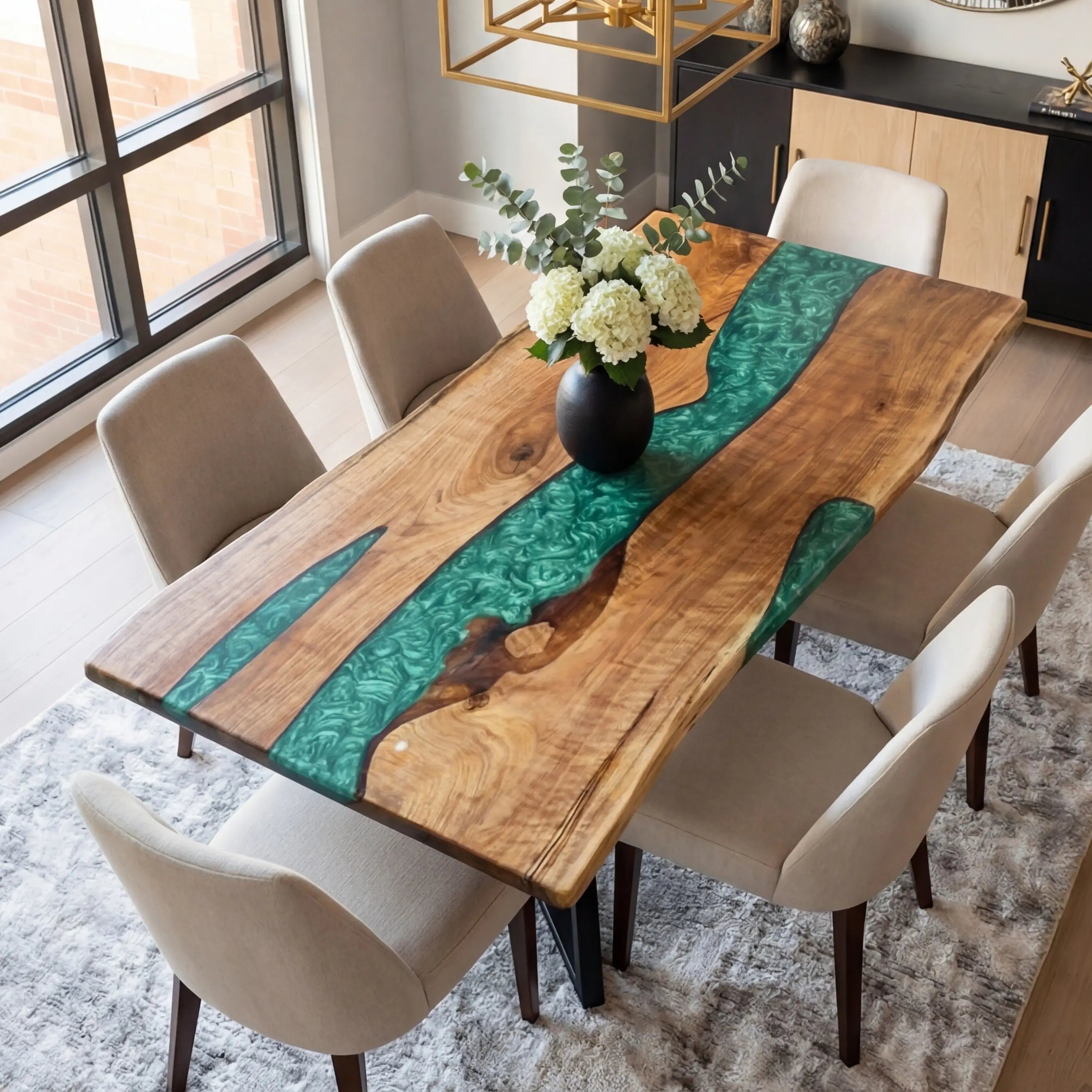 Custom Black Walnut Epoxy Resin River Table Green QRT-53 - image 1 | ThawHome