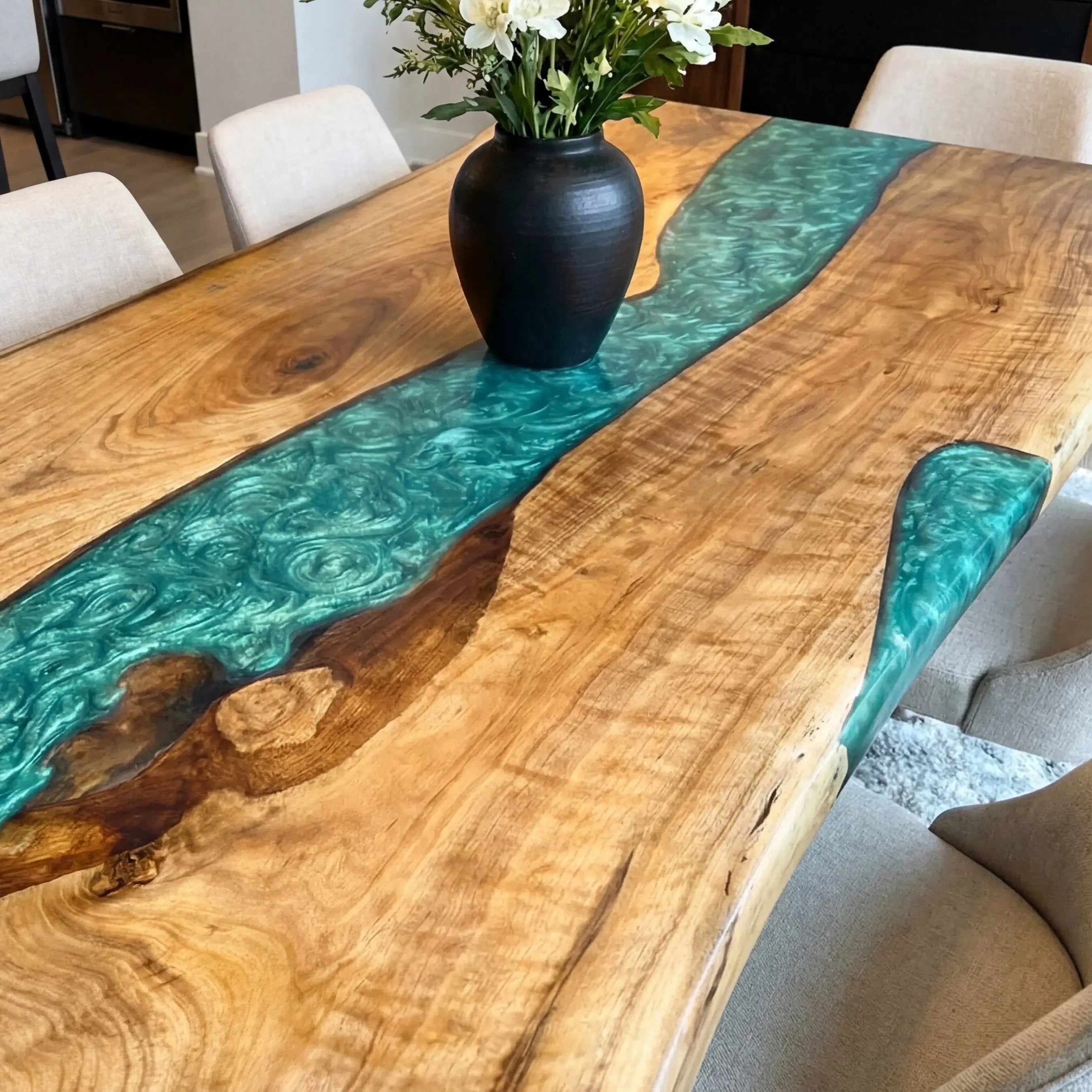 Custom Black Walnut Epoxy Resin River Table Green QRT-53 - image 4 | ThawHome
