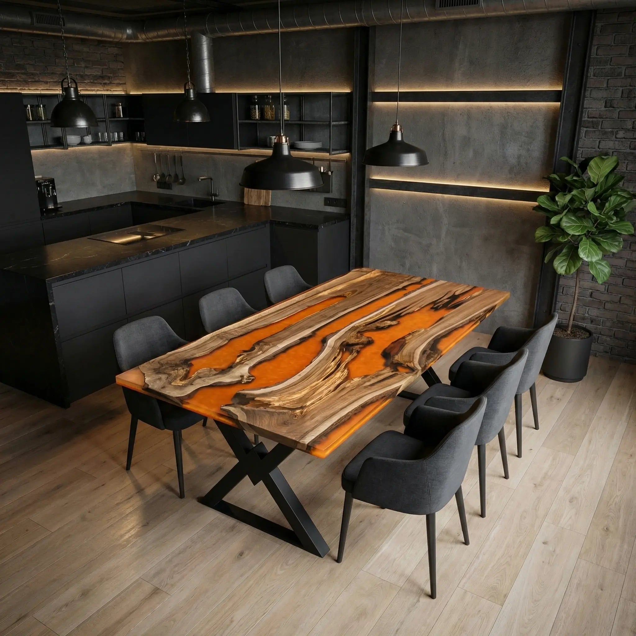 Custom Black Walnut Epoxy Resin River Table Orange Resin BTR-72 - image 2 | ThawHome