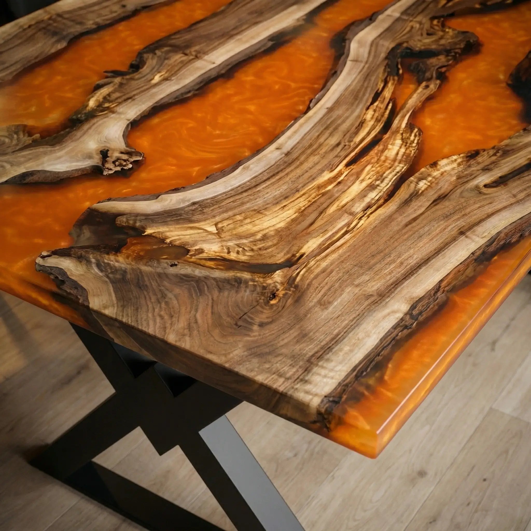 Custom Black Walnut Epoxy Resin River Table Orange Resin BTR-72 - image 5 | ThawHome