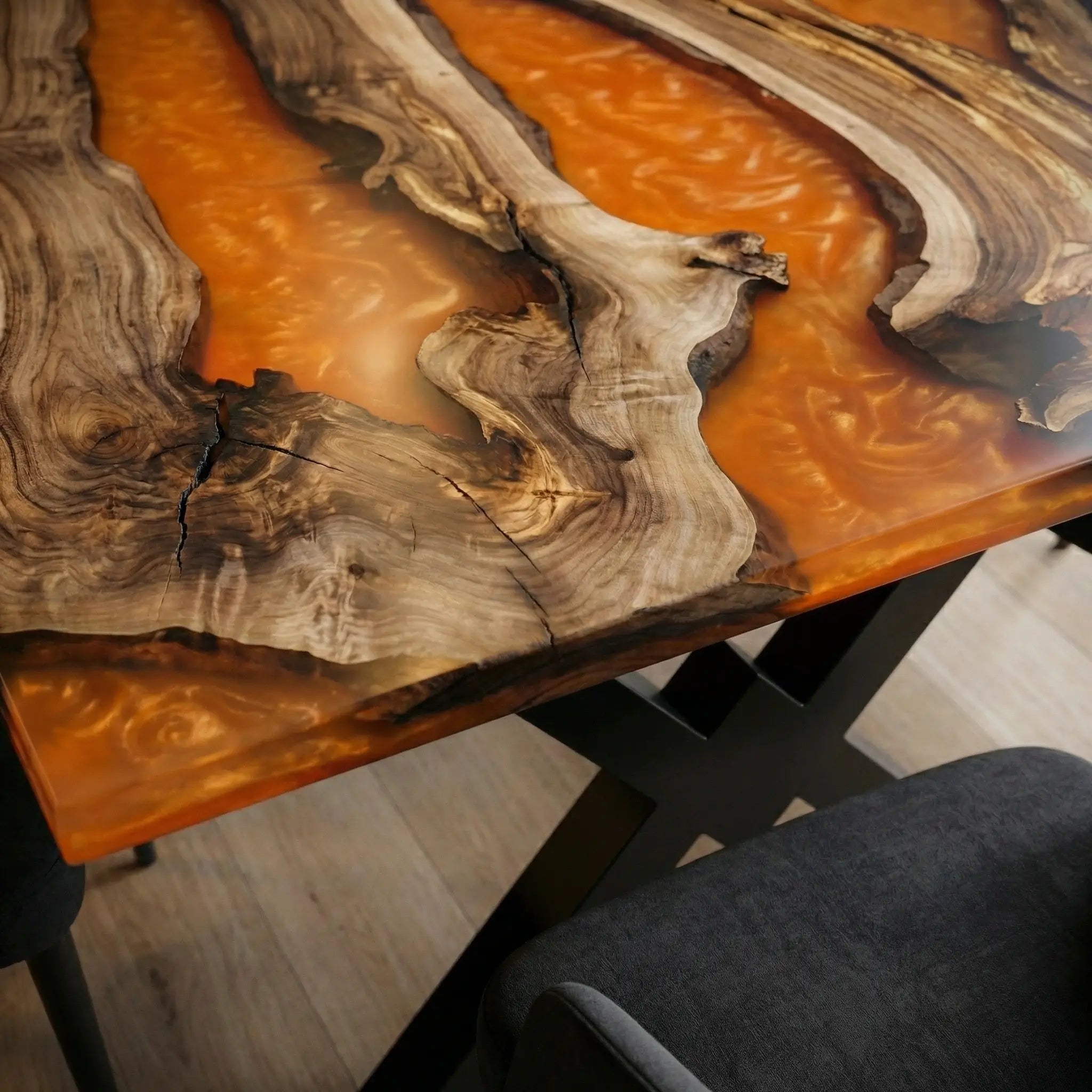 Custom Black Walnut Epoxy Resin River Table Orange Resin BTR-72 - image 6 | ThawHome