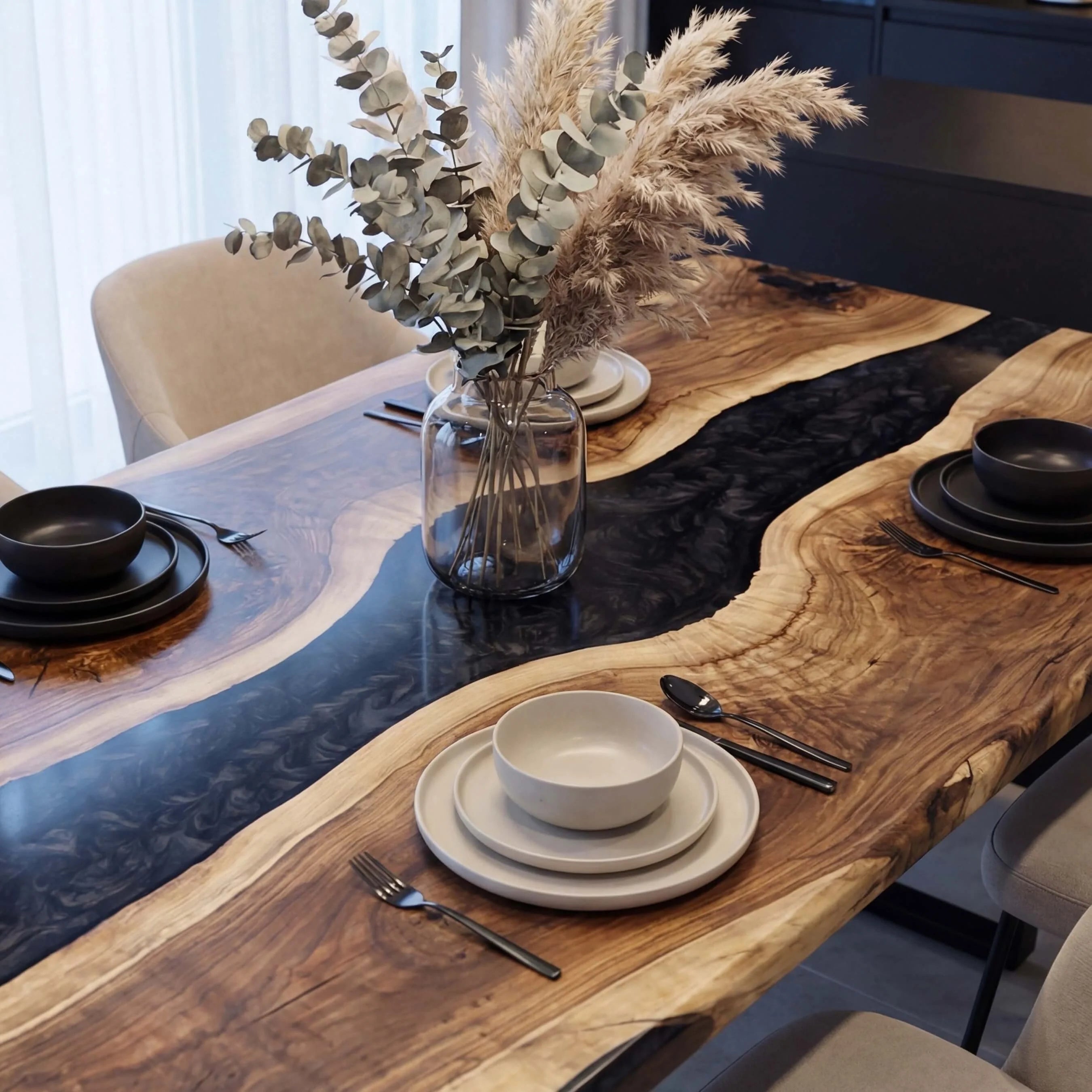 Custom Black Walnut Epoxy Resin River Table Pearl Gray XRT-92 - image 5 | ThawHome