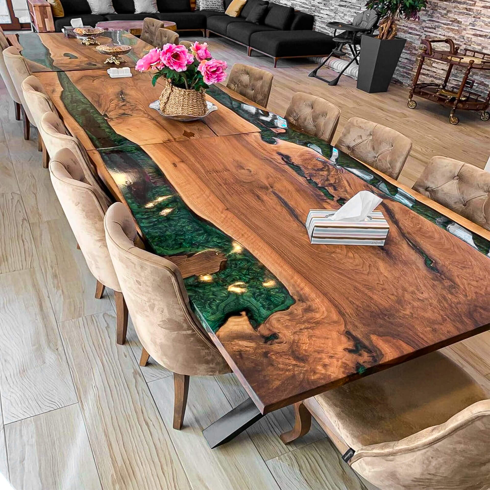 Custom Black Walnut Epoxy Resin River Table Pearl Green GRT-57 - image 4 | ThawHome