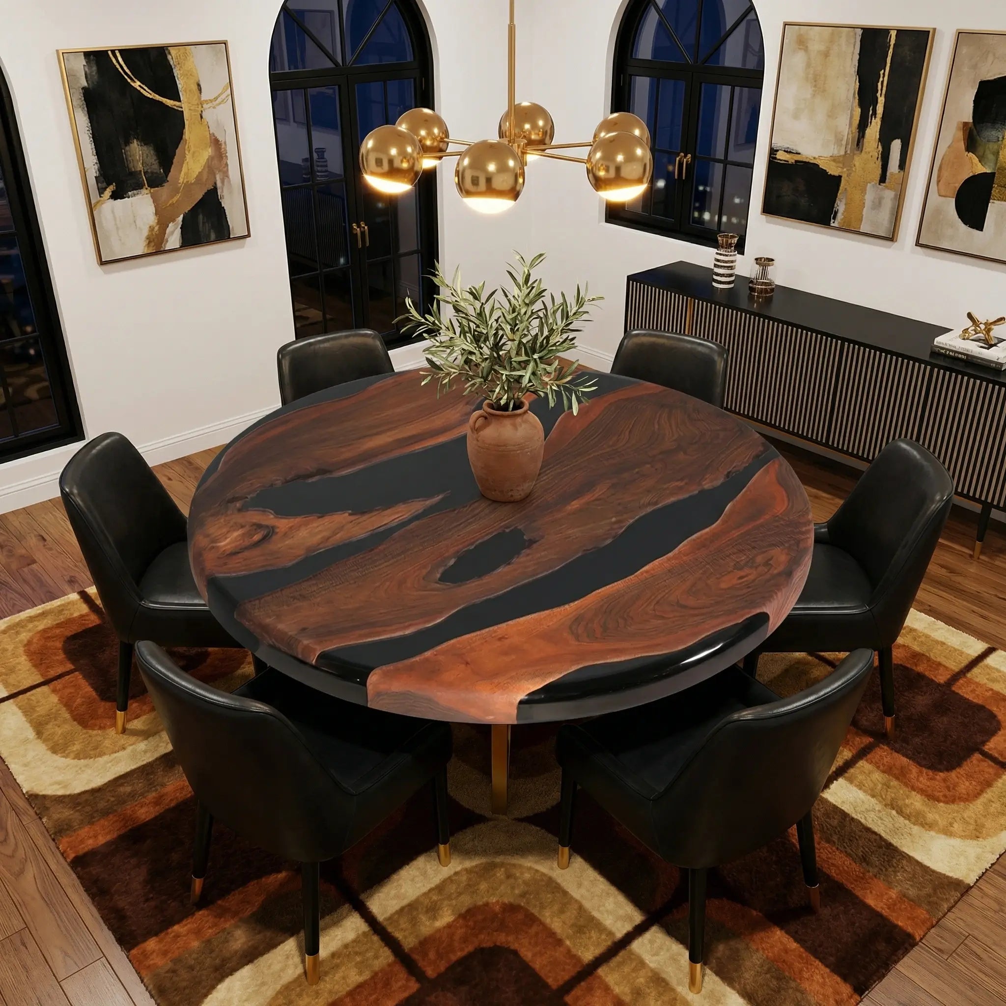 Custom Black Walnut Epoxy Resin Round Coffee Table Black Resin
