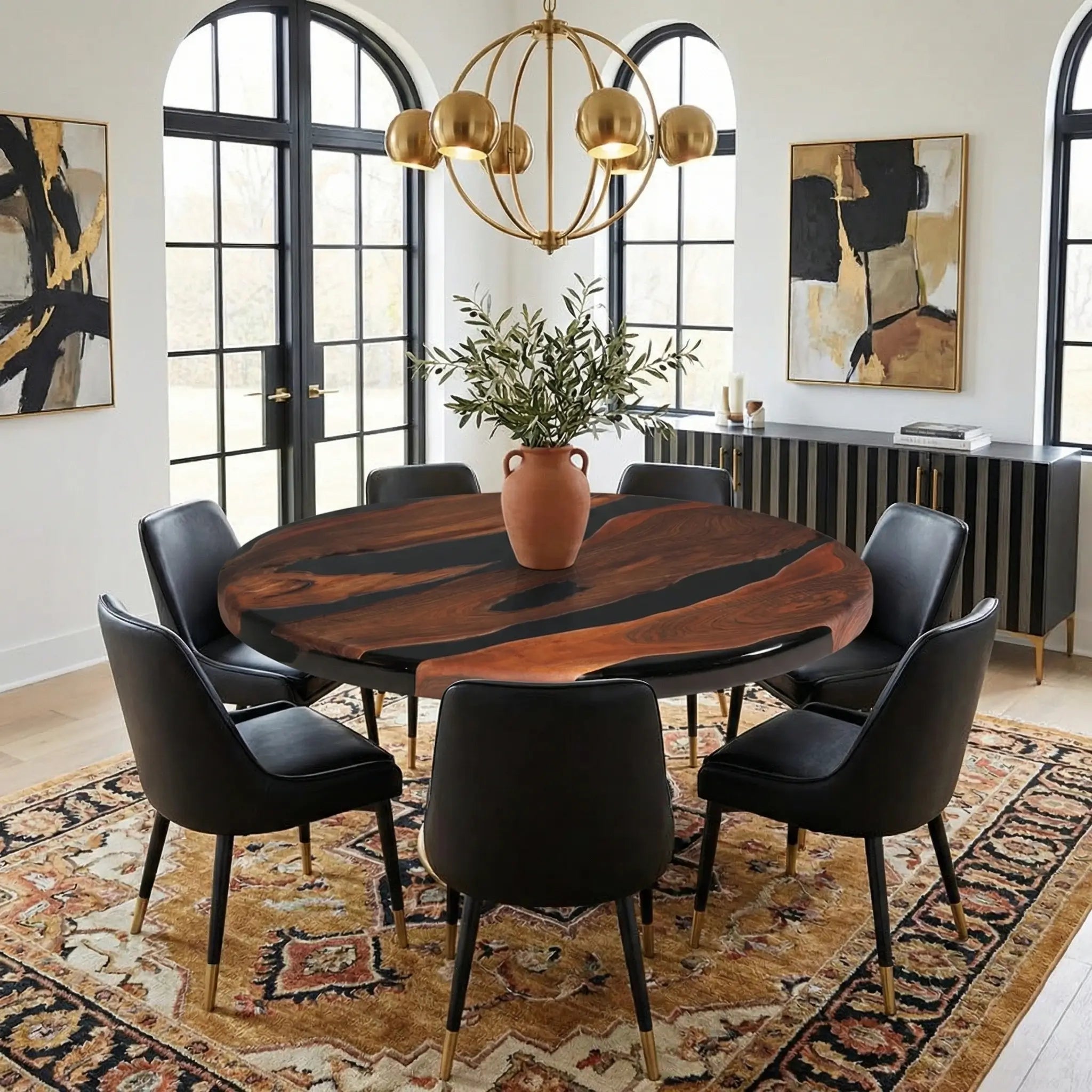 Custom Black Walnut Epoxy Resin Round Coffee Table Black Resin