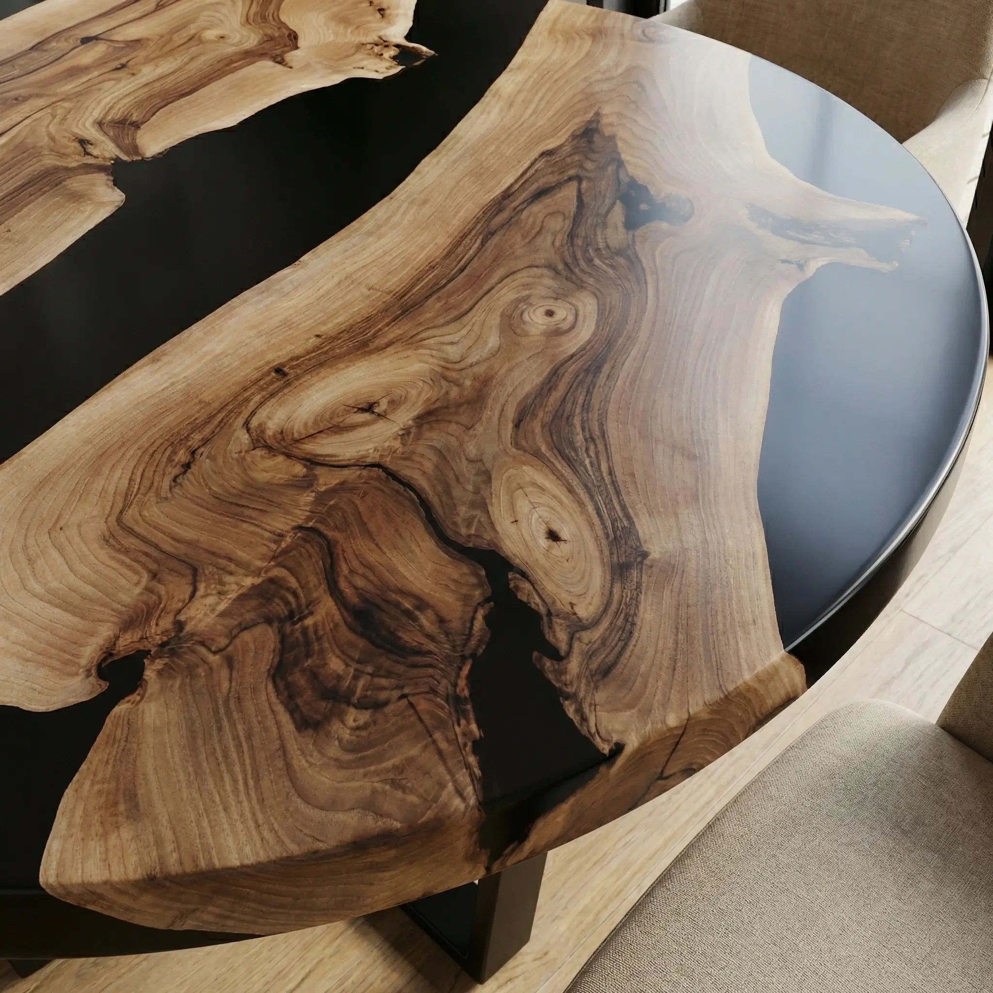 Custom Black Walnut Epoxy Resin Round Coffee Table Black Resin