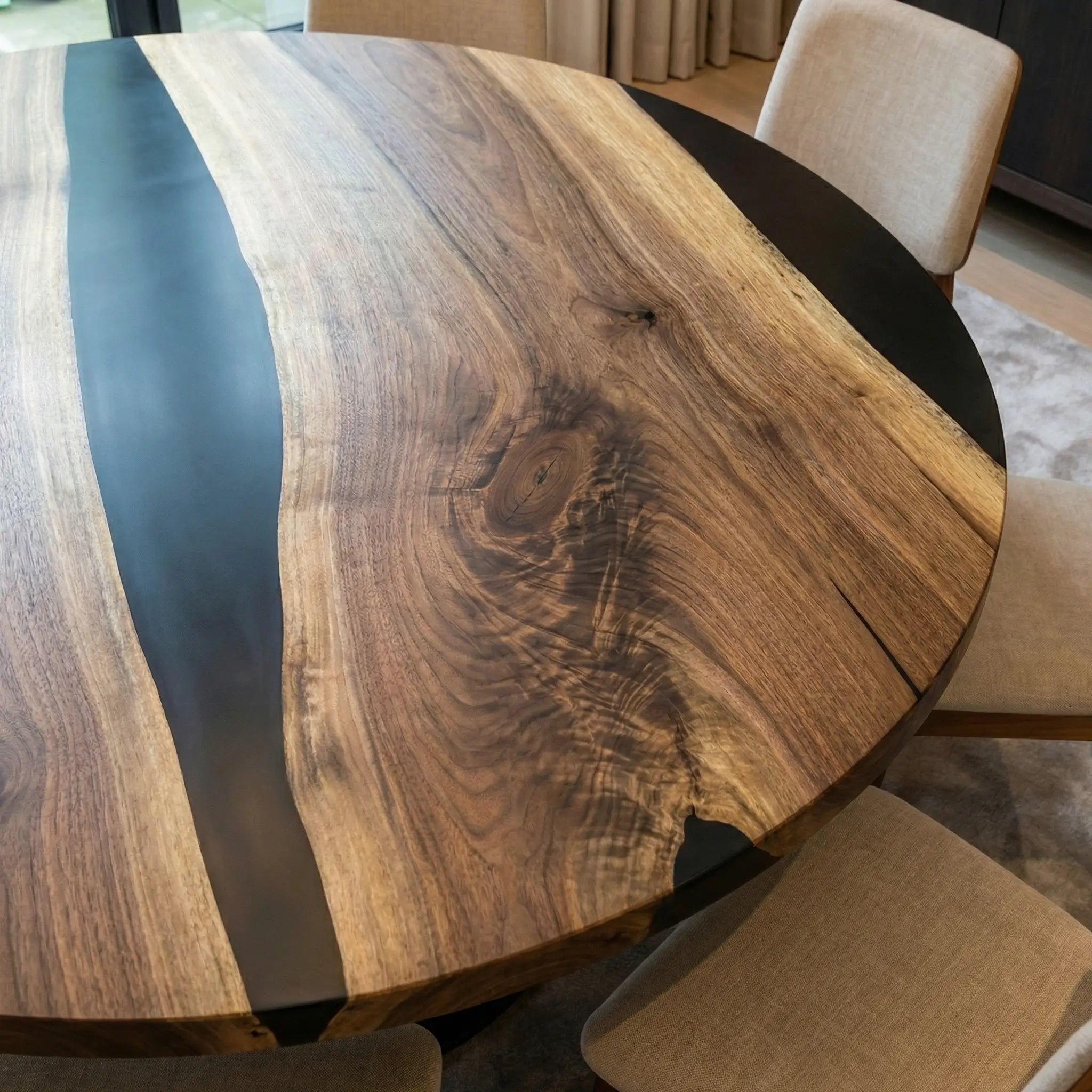 Custom Black Walnut Epoxy Resin Round Coffee Table Black Resin