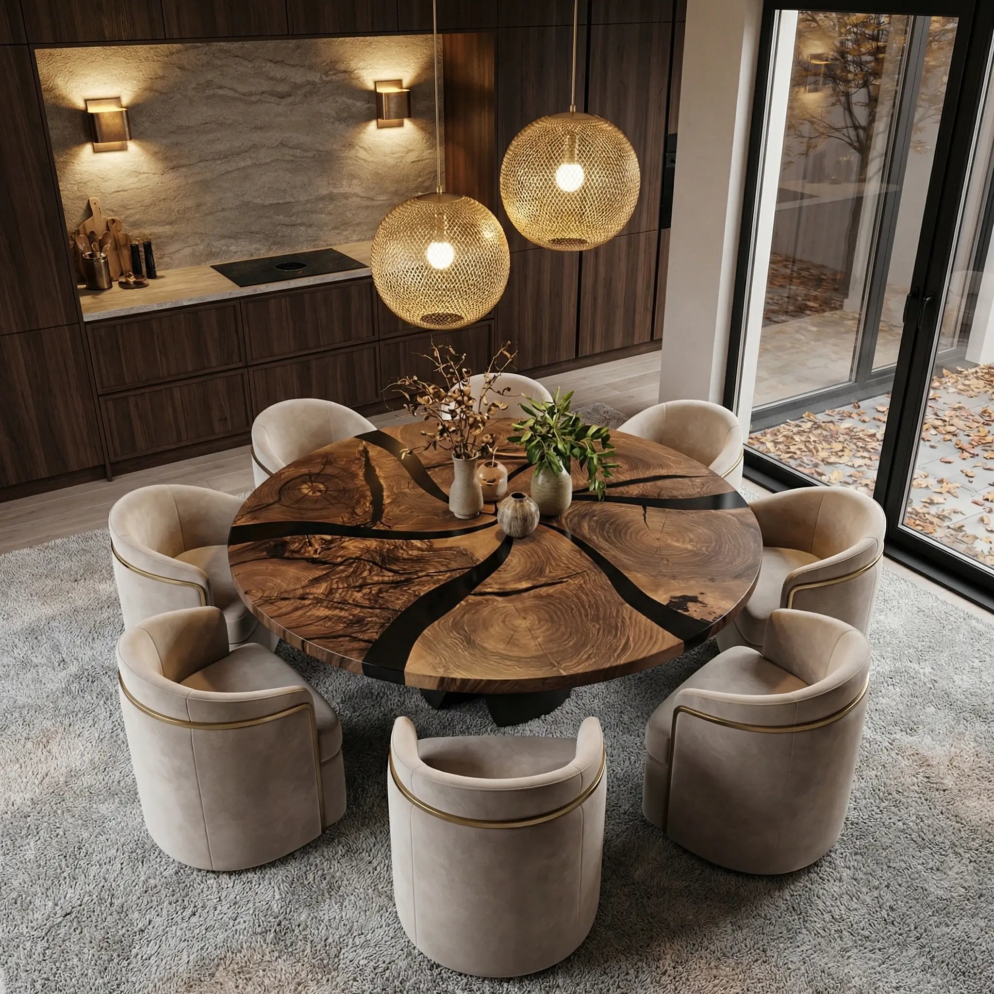 Custom Black Walnut Epoxy Resin Round Coffee Table Black Resin