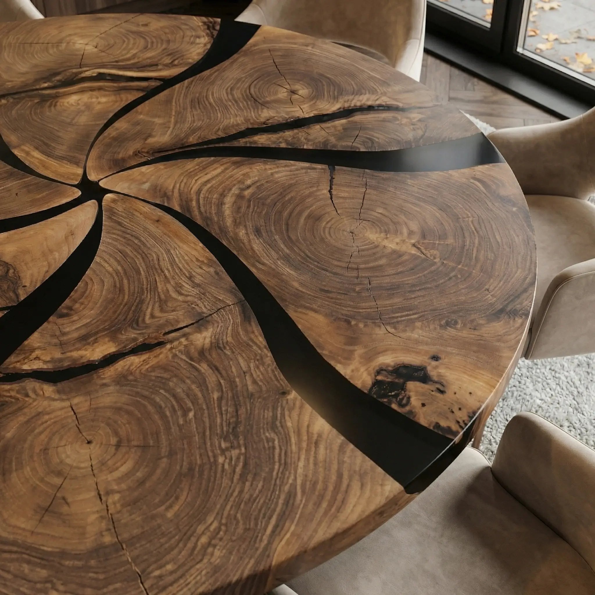 Custom Black Walnut Epoxy Resin Round Coffee Table Black Resin