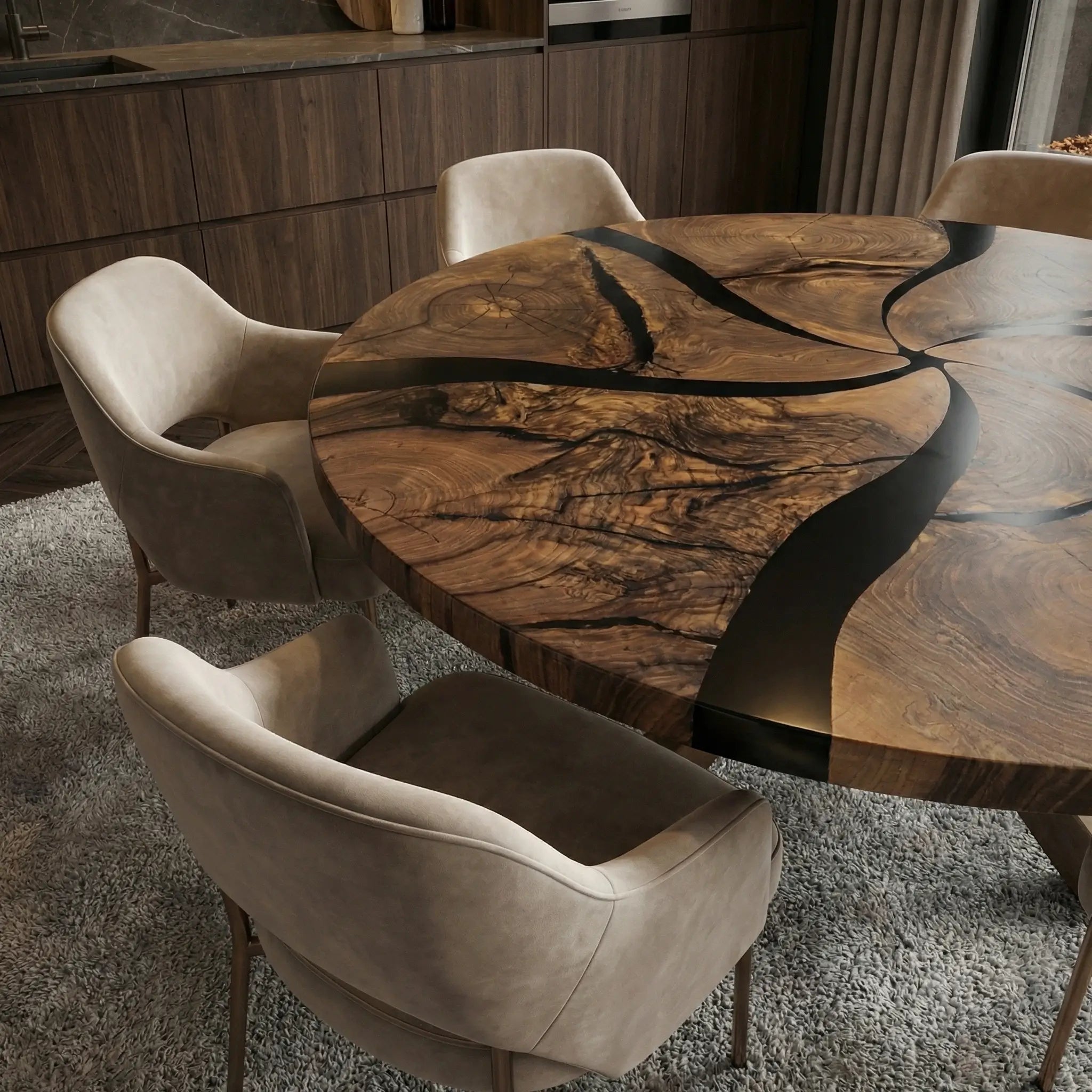 Custom Black Walnut Epoxy Resin Round Coffee Table Black Resin