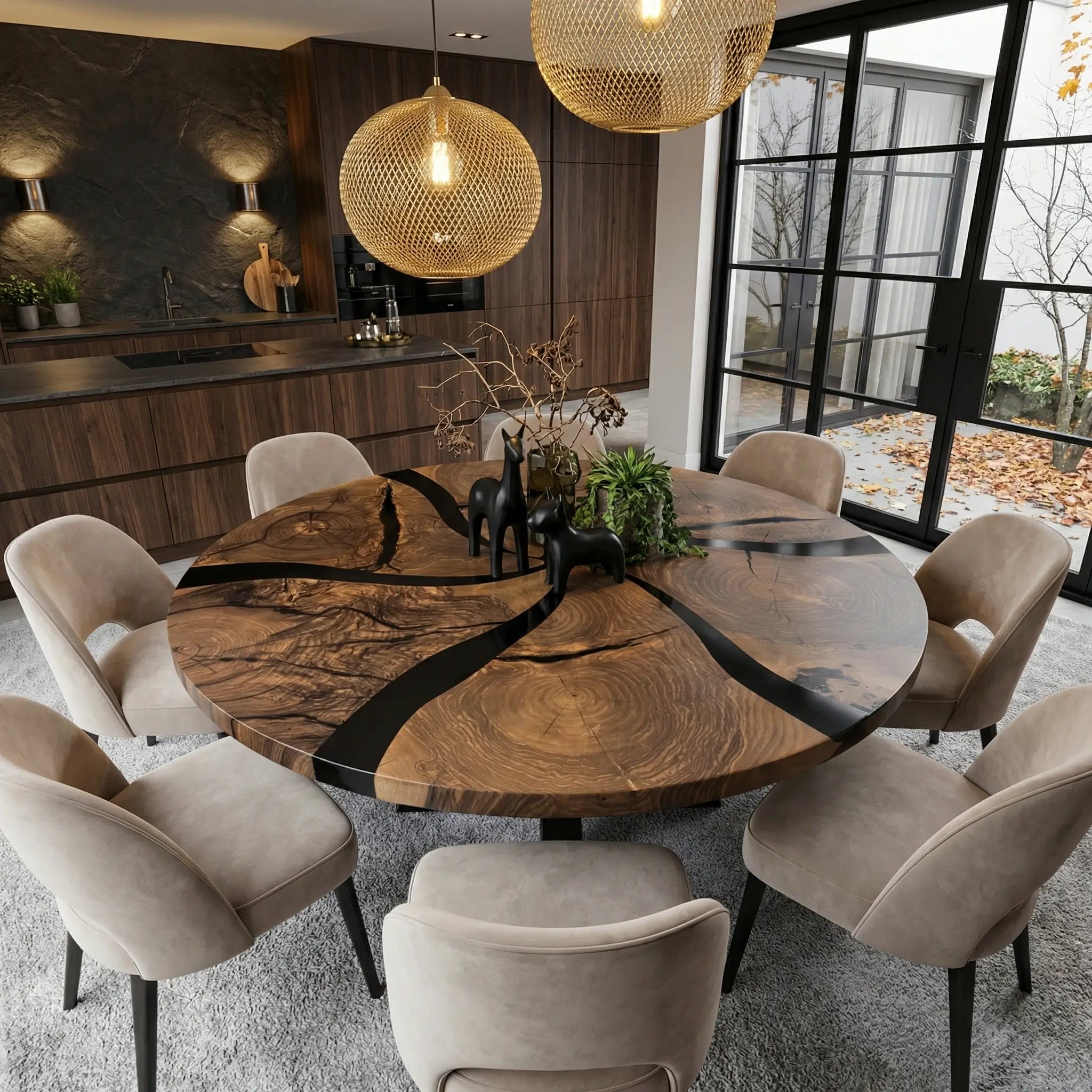 Custom Black Walnut Epoxy Resin Round Coffee Table Black Resin