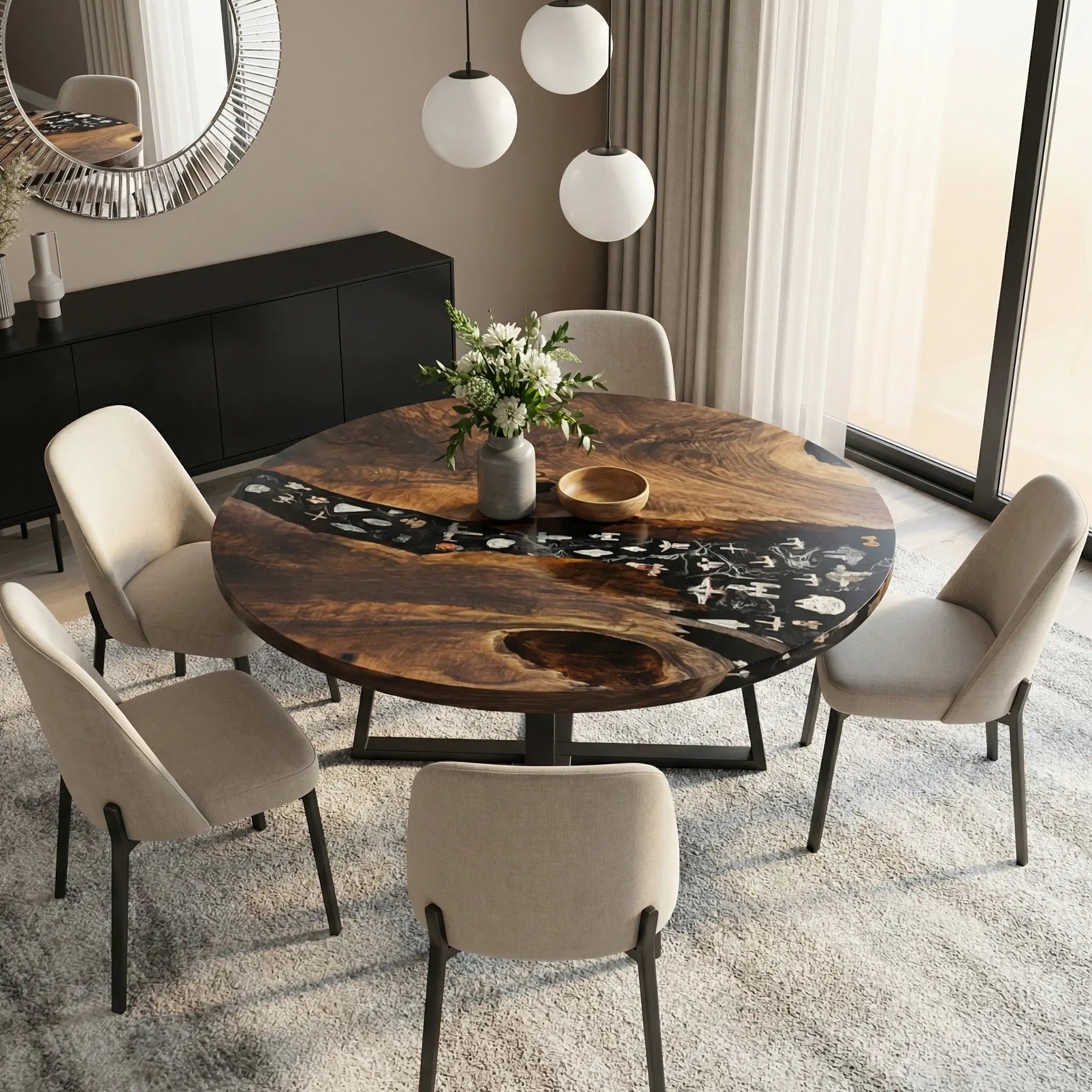 Custom Black Walnut Epoxy Resin Round Coffee Table Black Resin