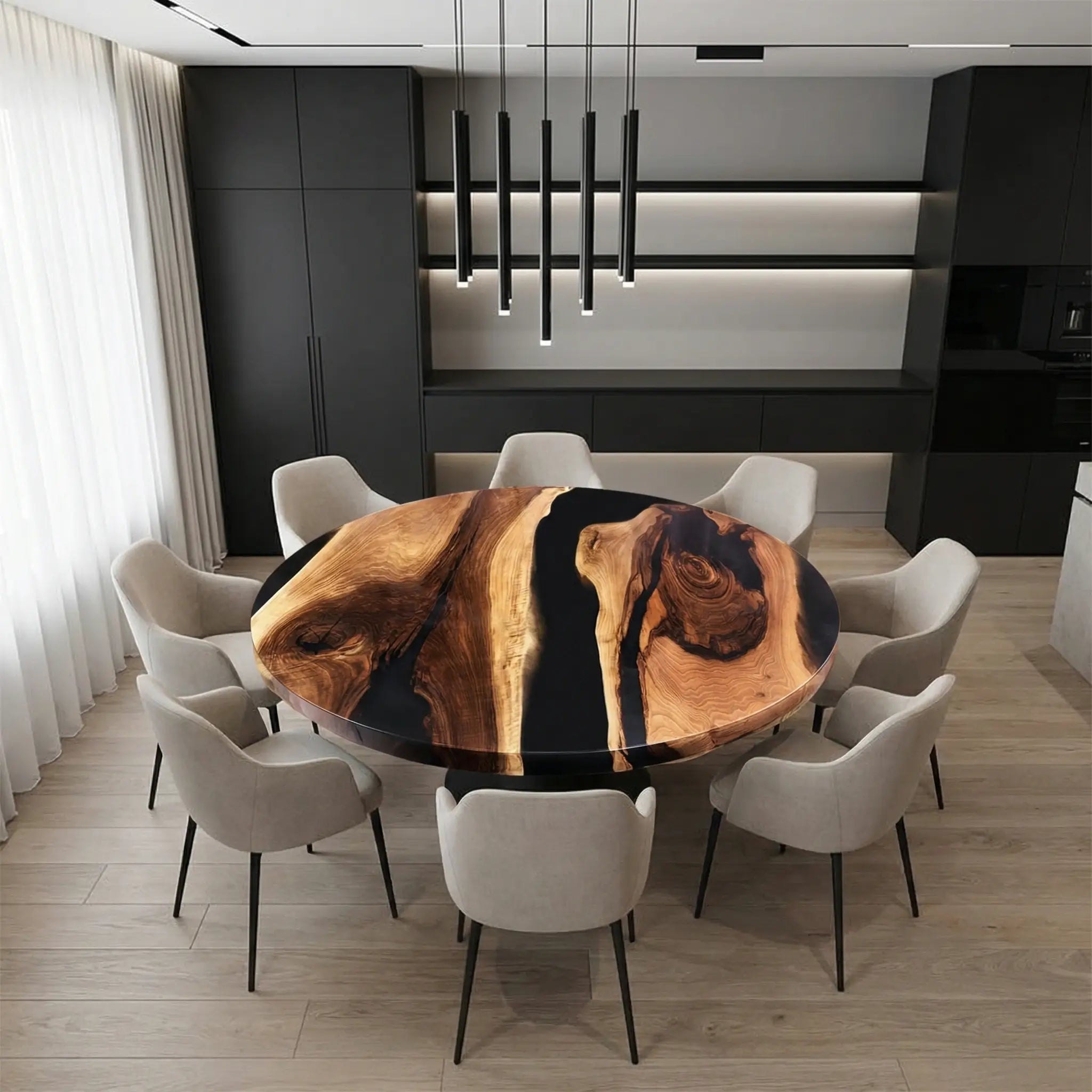 Custom Black Walnut Epoxy Resin Round Coffee Table Black Resin