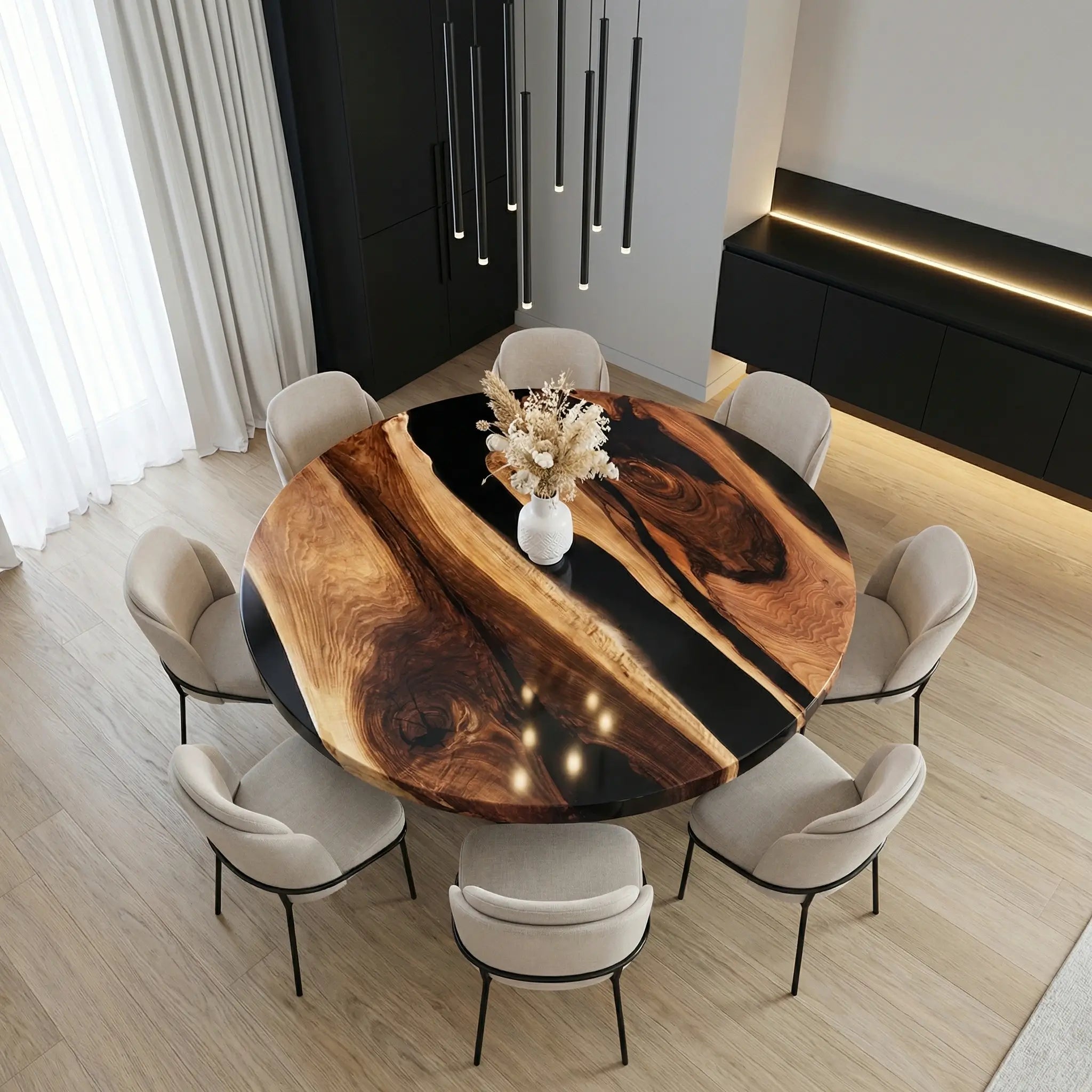 Custom Black Walnut Epoxy Resin Round Coffee Table Black Resin