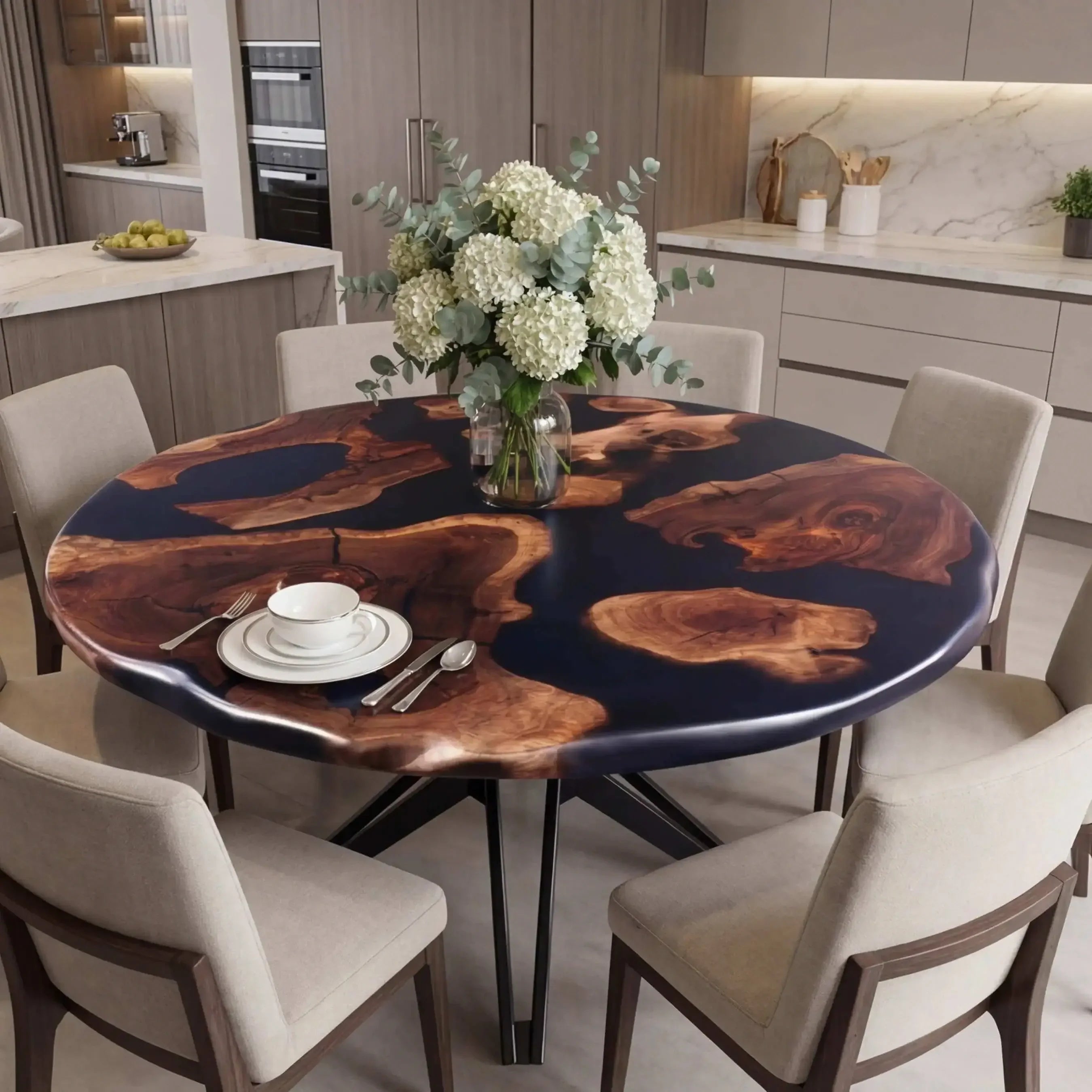 Custom Black Walnut Epoxy Resin Round Coffee Table Black Resin