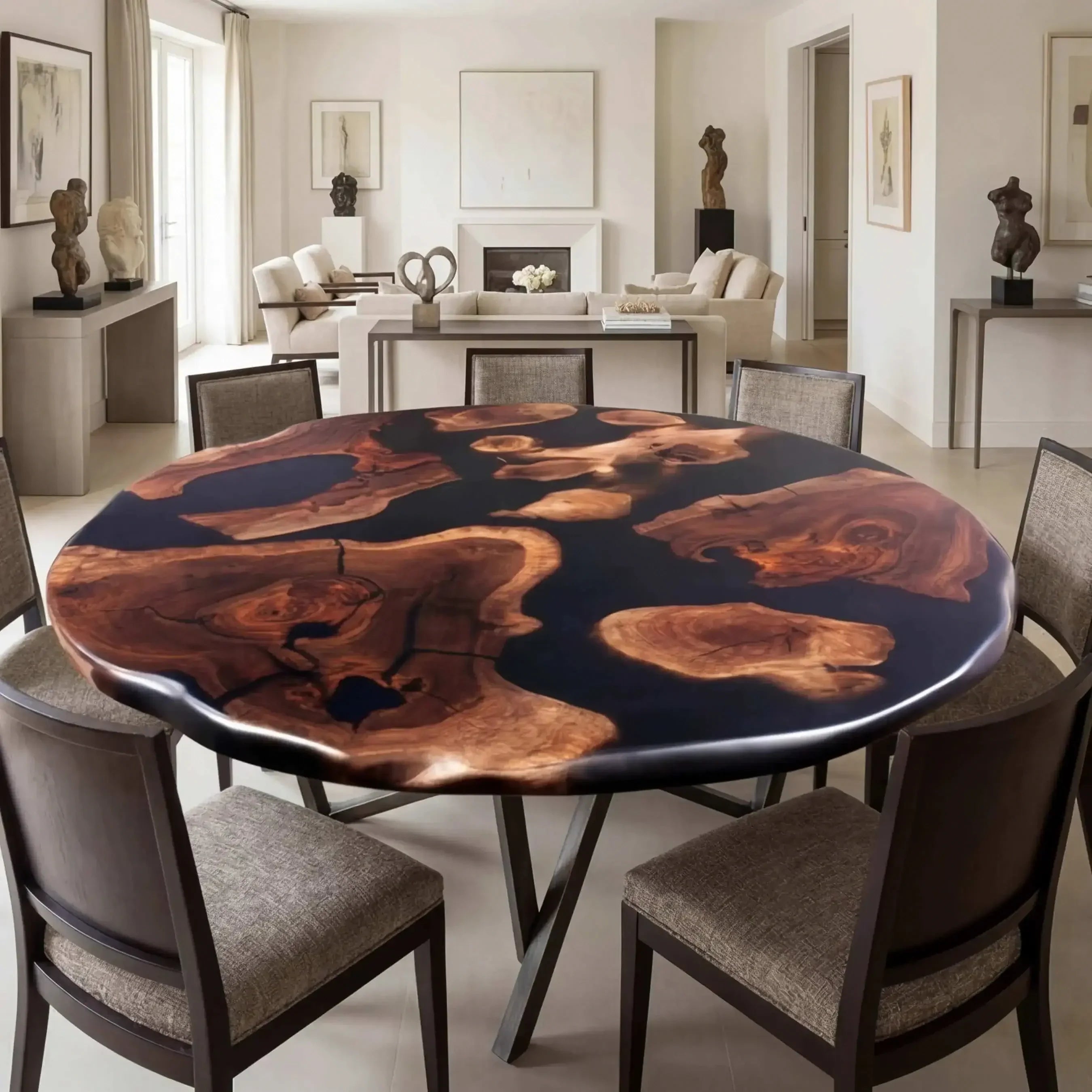 Custom Black Walnut Epoxy Resin Round Coffee Table Black Resin