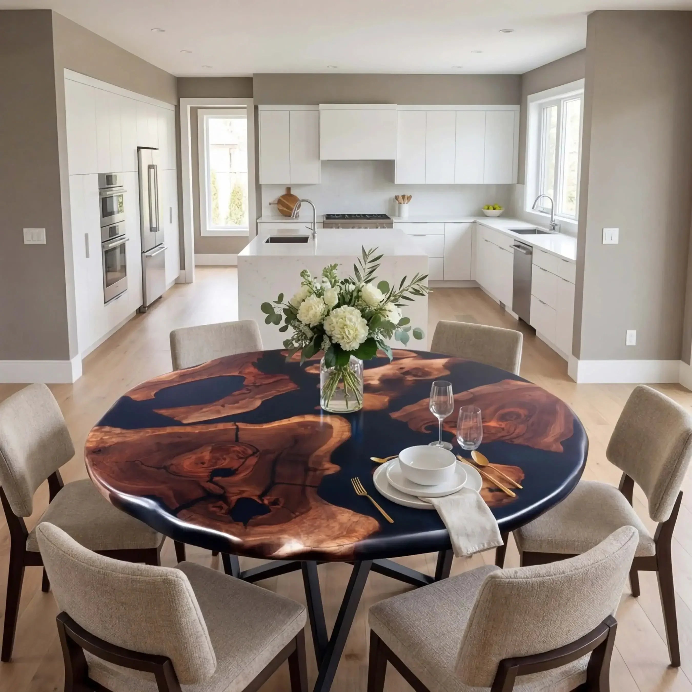 Custom Black Walnut Epoxy Resin Round Coffee Table Black Resin