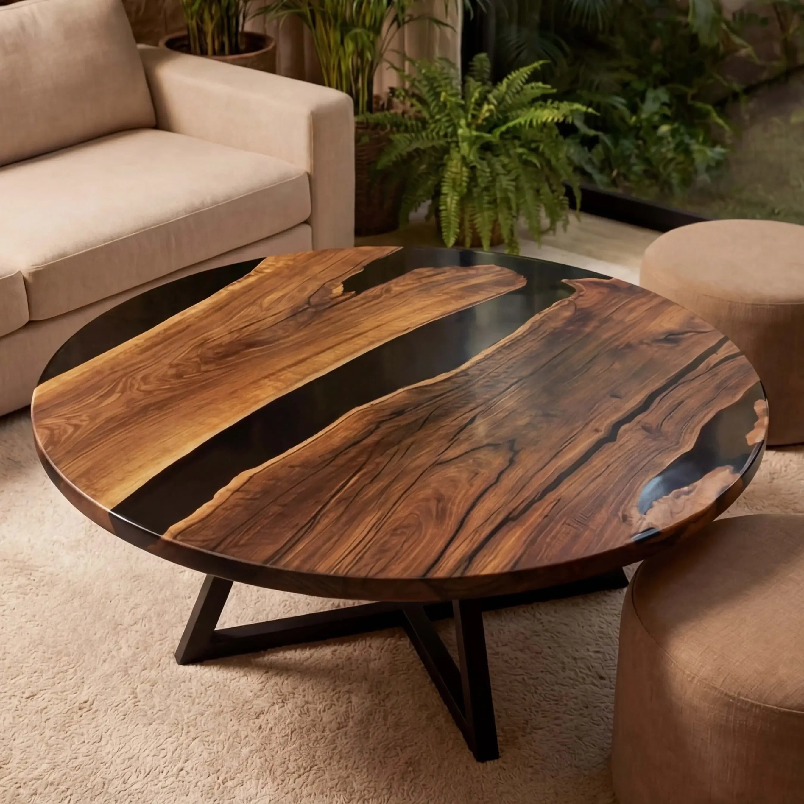 Custom Black Walnut Epoxy Resin Round Coffee Table Black Resin