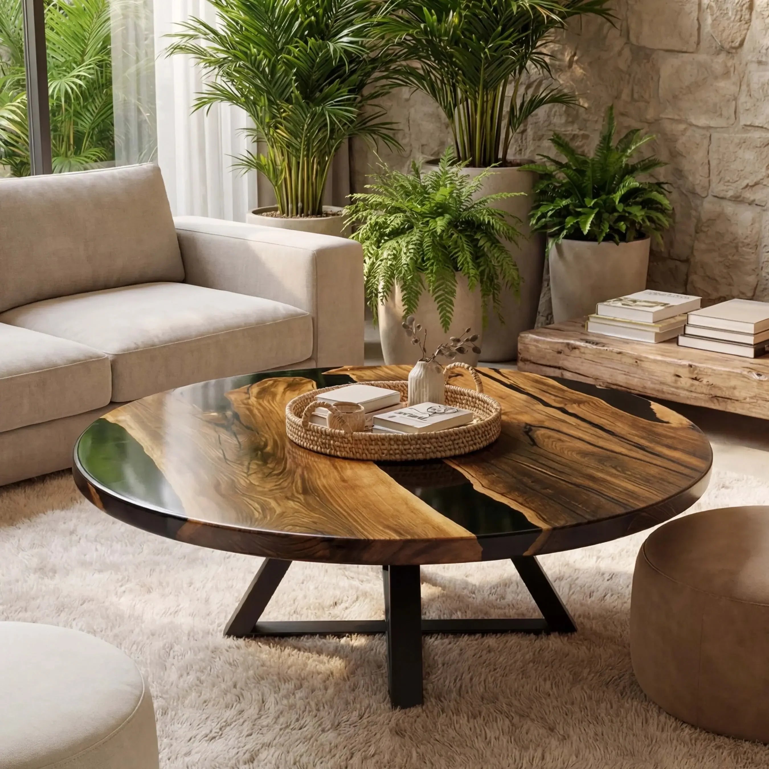 Custom Black Walnut Epoxy Resin Round Coffee Table Black Resin