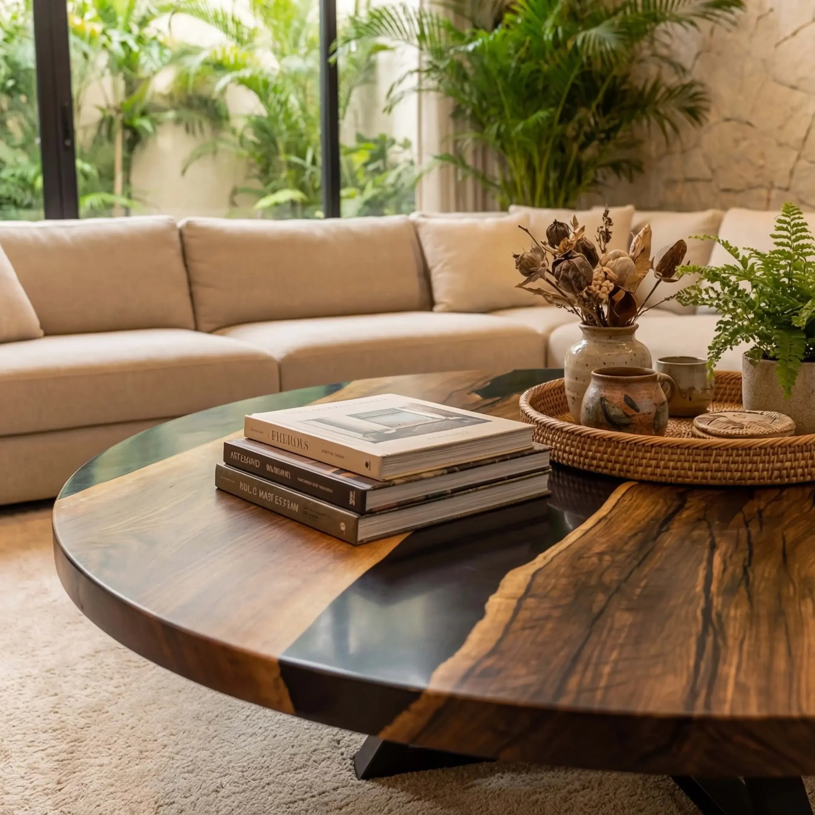 Custom Black Walnut Epoxy Resin Round Coffee Table Black Resin