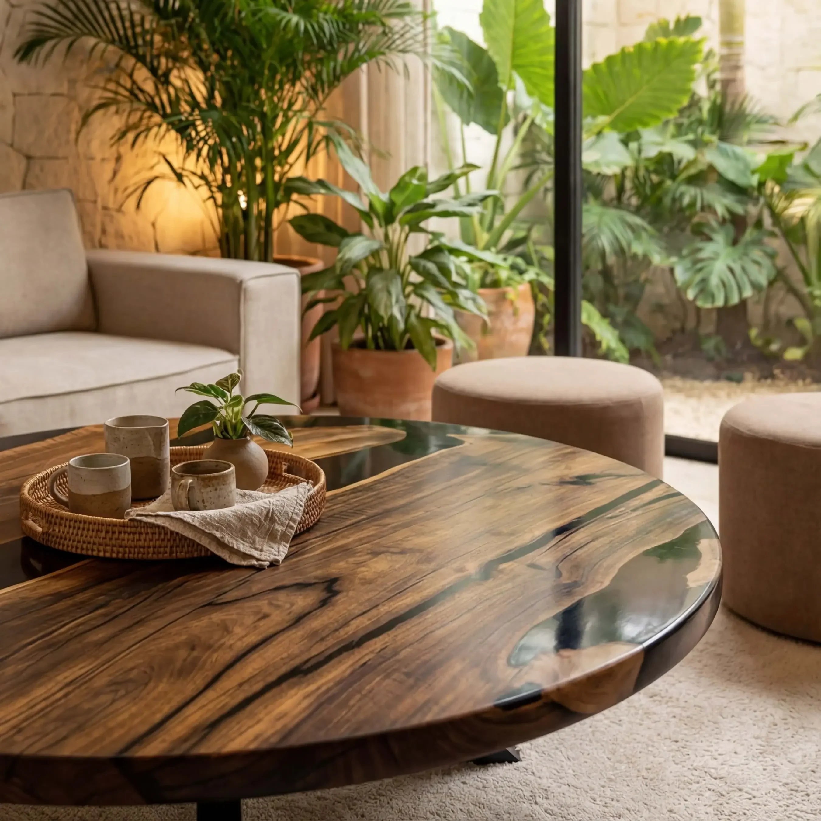 Custom Black Walnut Epoxy Resin Round Coffee Table Black Resin